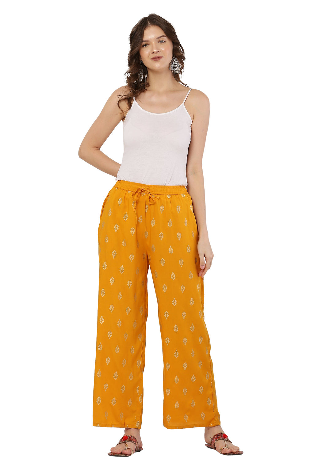 PAVONINE Mustard Color Full Golden Leaf Print Palazzo For Women Pant | Grocsy