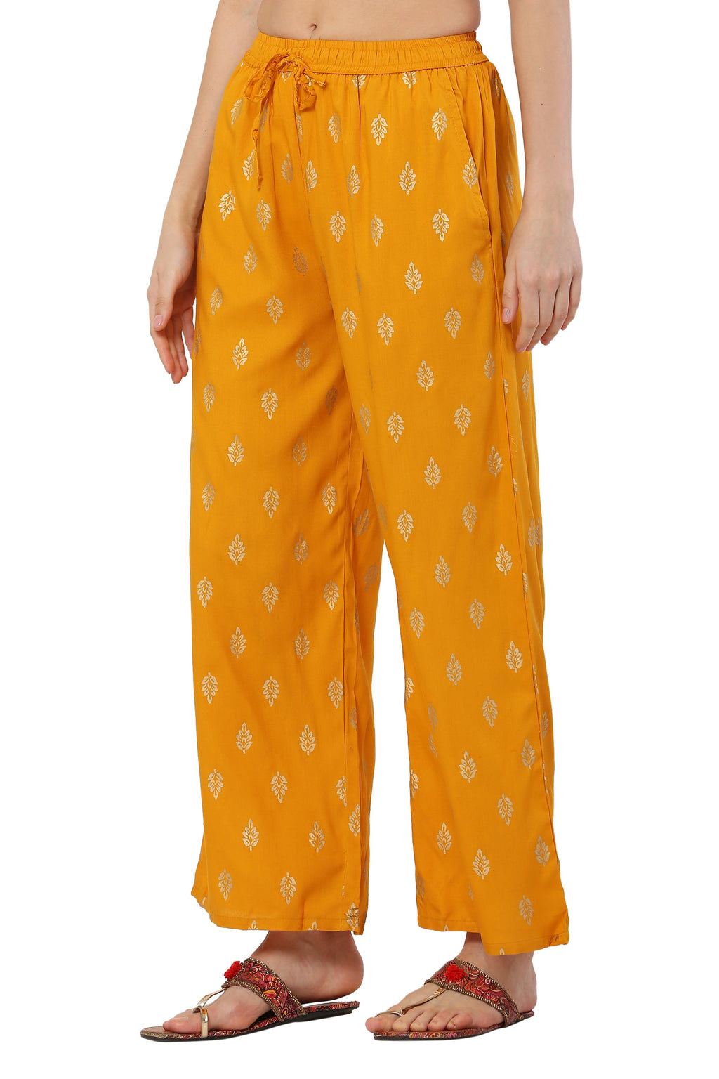 PAVONINE Mustard Color Full Golden Leaf Print Palazzo For Women Pant | Grocsy