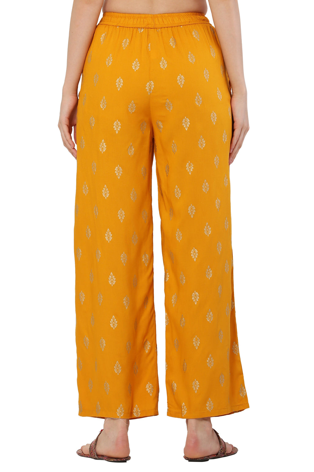 PAVONINE Mustard Color Full Golden Leaf Print Palazzo For Women Pant | Grocsy