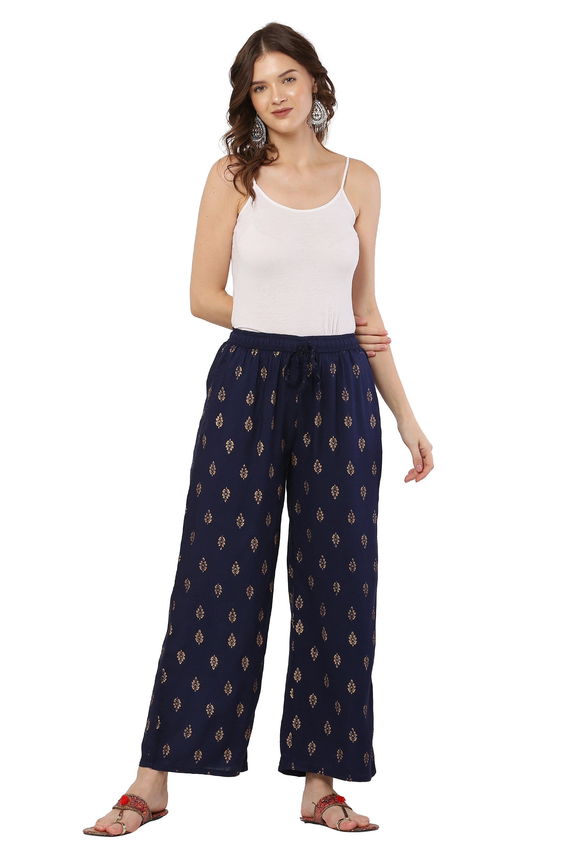 PAVONINE Navy Blue Color Full Golden Leaf Print Palazzo For Women Pant | Grocsy