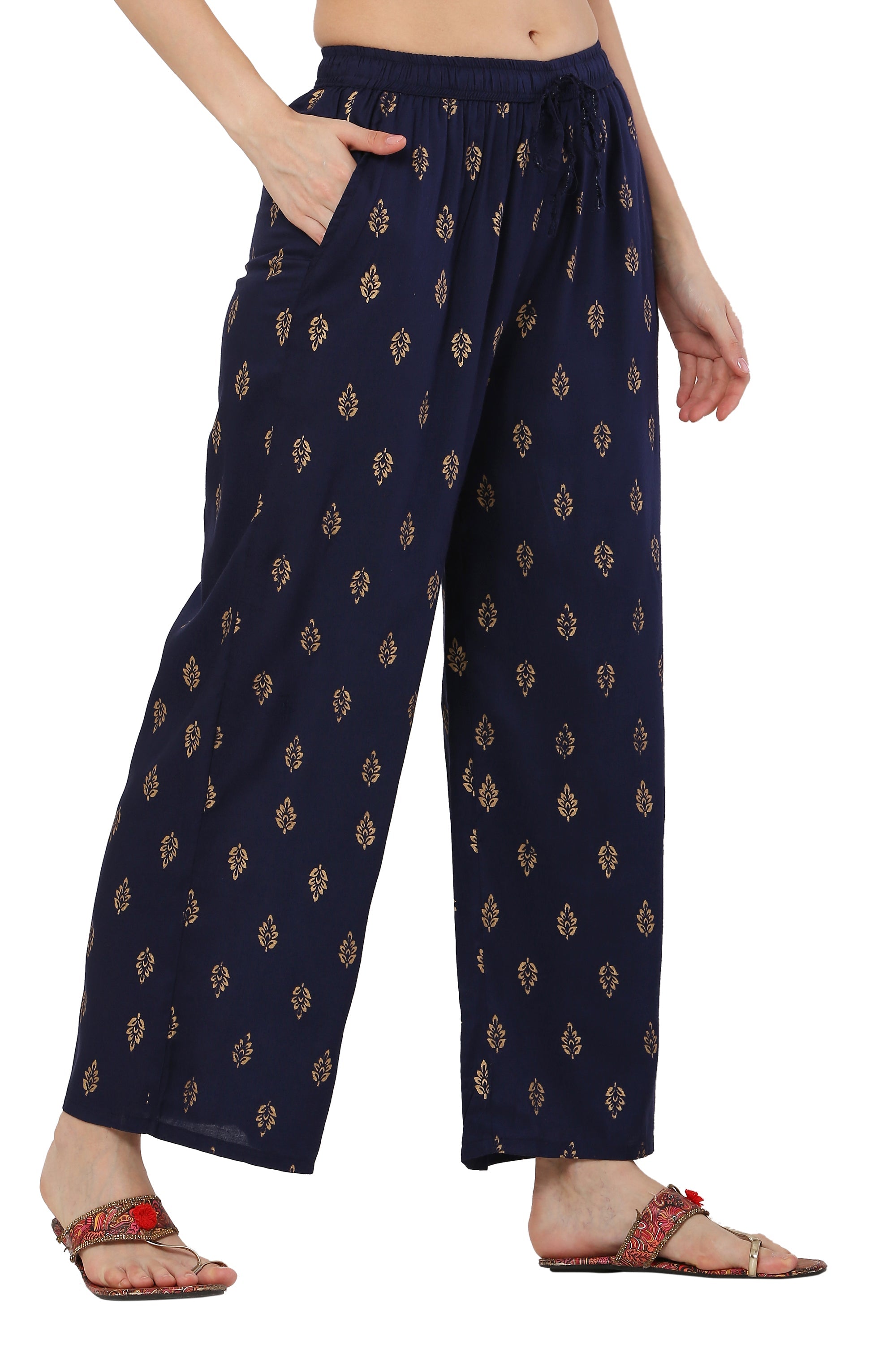 PAVONINE Navy Blue Color Full Golden Leaf Print Palazzo For Women Pant | Grocsy
