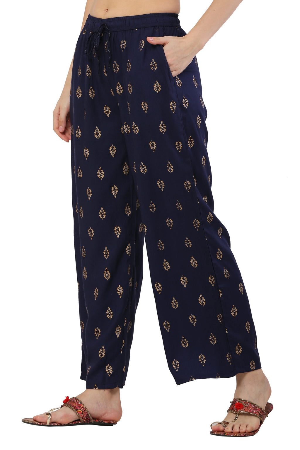 PAVONINE Navy Blue Color Full Golden Leaf Print Palazzo For Women Pant | Grocsy