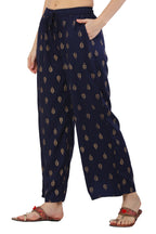 PAVONINE Navy Blue Color Full Golden Leaf Print Palazzo For Women Pant | Grocsy