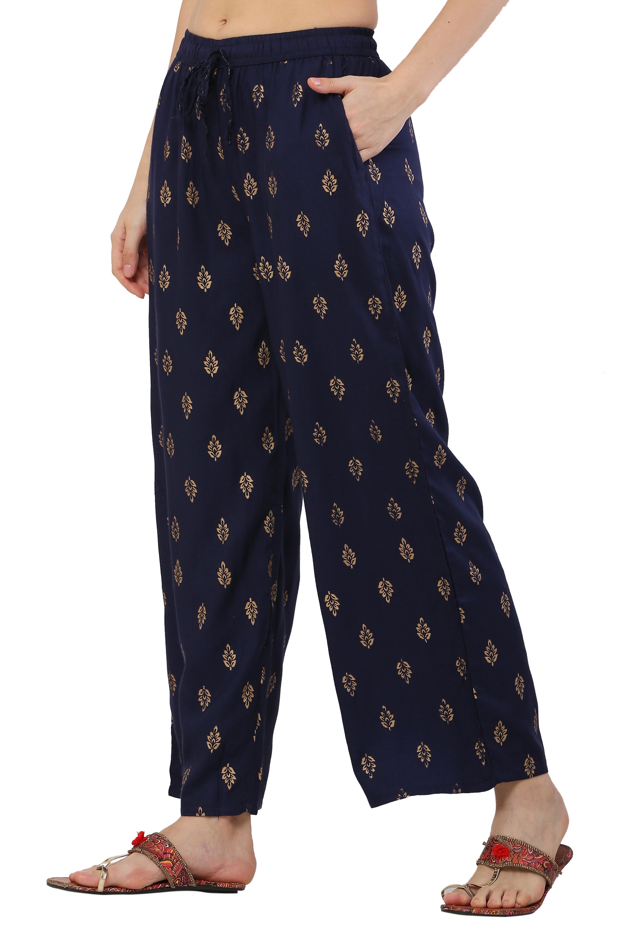 PAVONINE Navy Blue Color Full Golden Leaf Print Palazzo For Women Pant | Grocsy