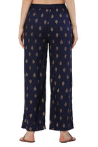 PAVONINE Navy Blue Color Full Golden Leaf Print Palazzo For Women Pant | Grocsy