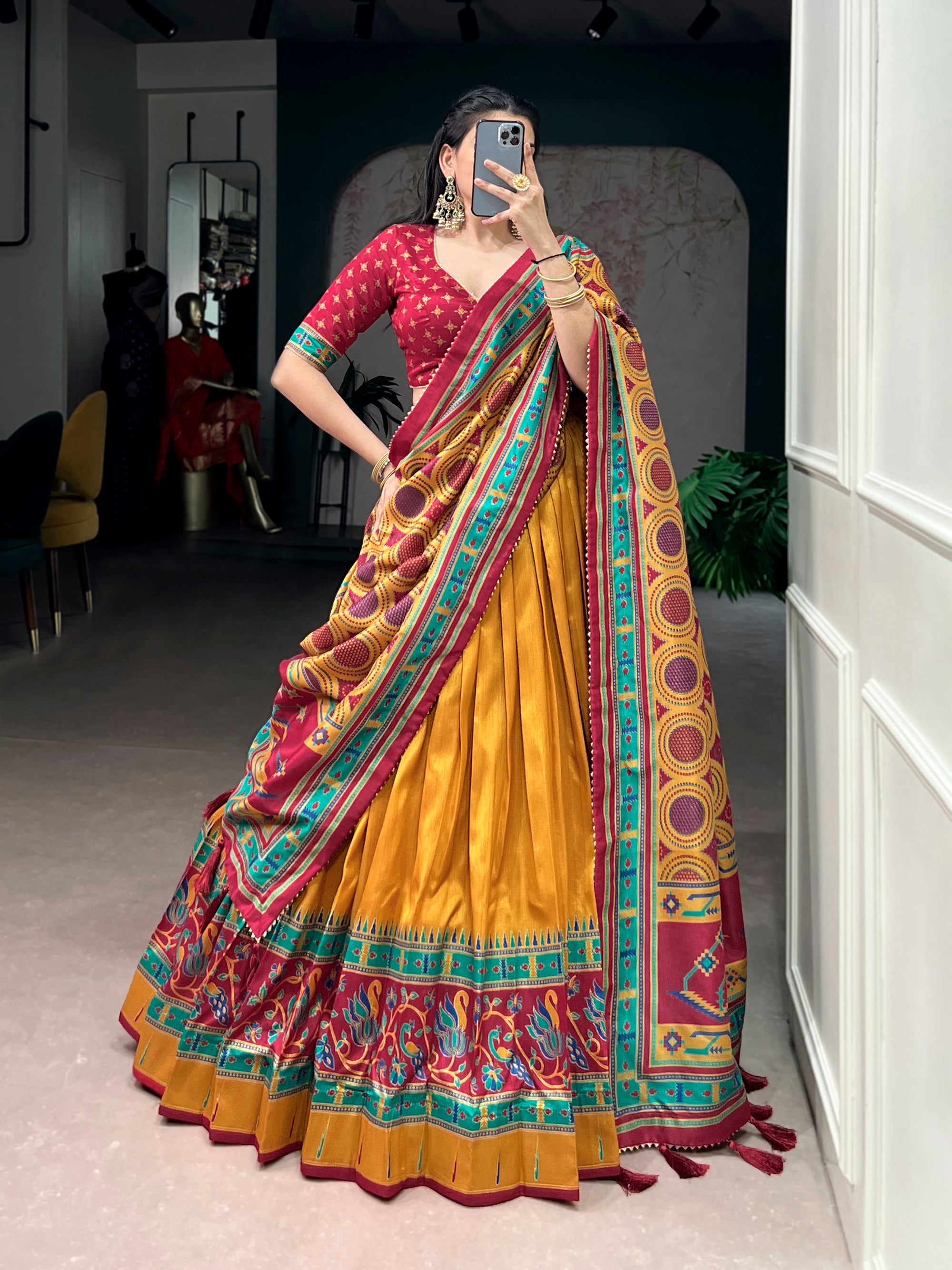 Lorenvalley Fashion Mustard Tasar SilkPrinted with Iconic Sparkle Lehenga Choli with Dupatta | Grocsy