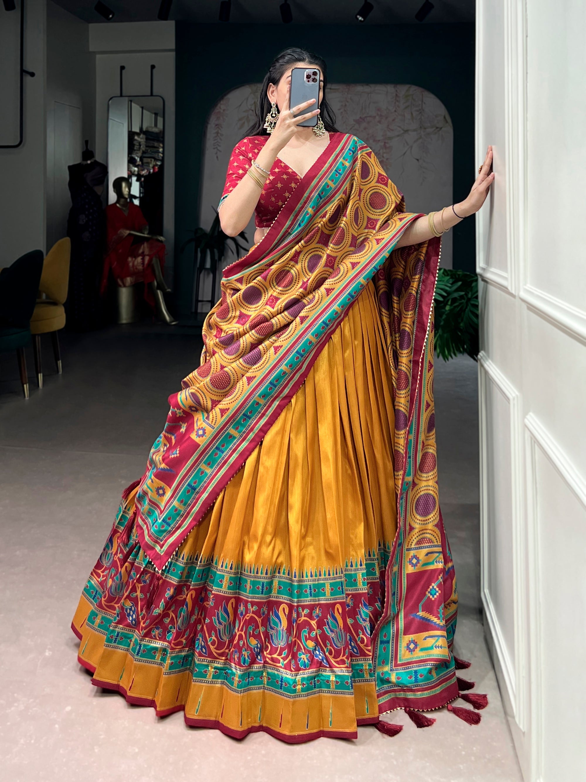 Lorenvalley Fashion Mustard Tasar SilkPrinted with Iconic Sparkle Lehenga Choli with Dupatta | Grocsy