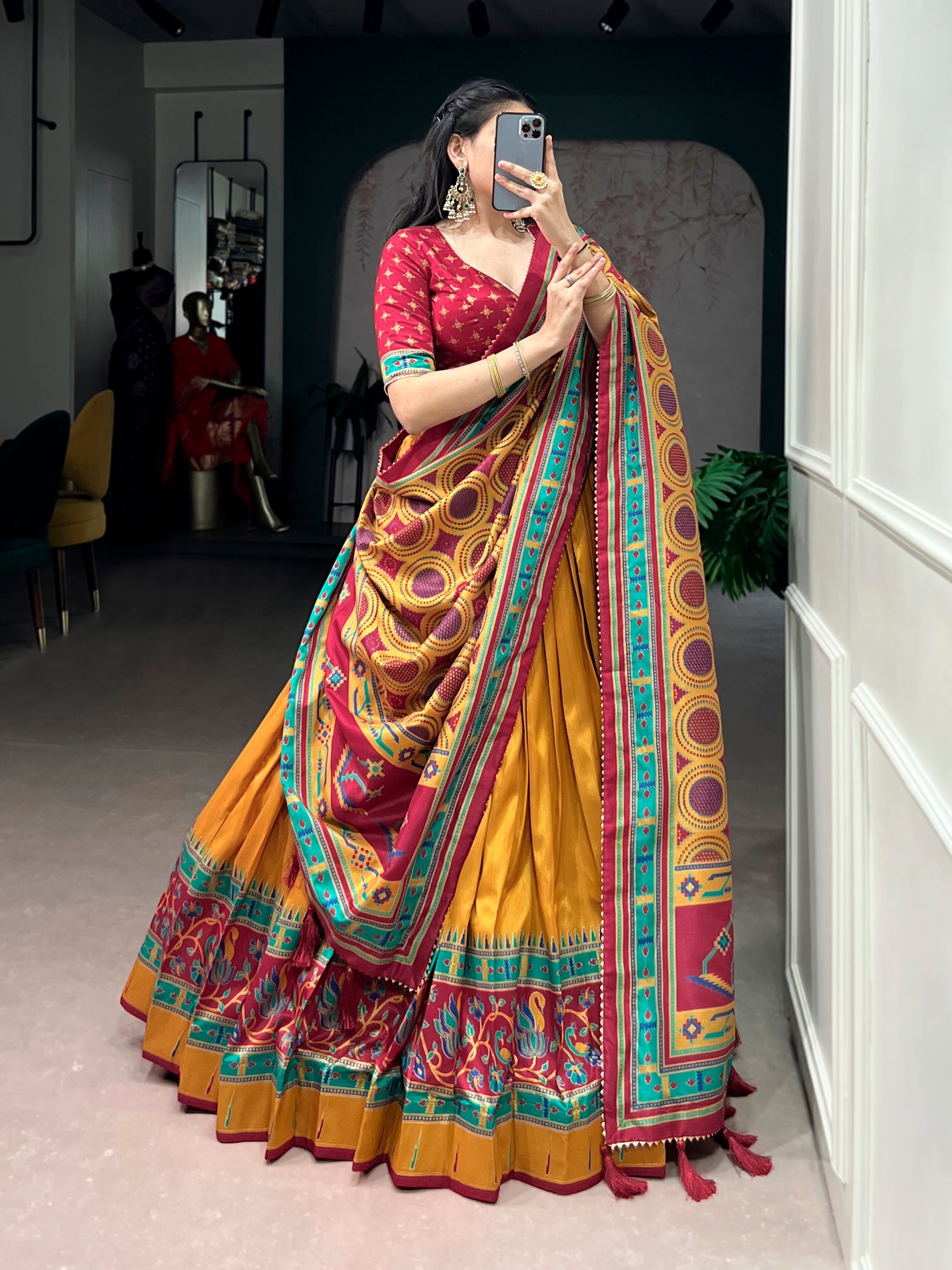 Lorenvalley Fashion Mustard Tasar SilkPrinted with Iconic Sparkle Lehenga Choli with Dupatta | Grocsy