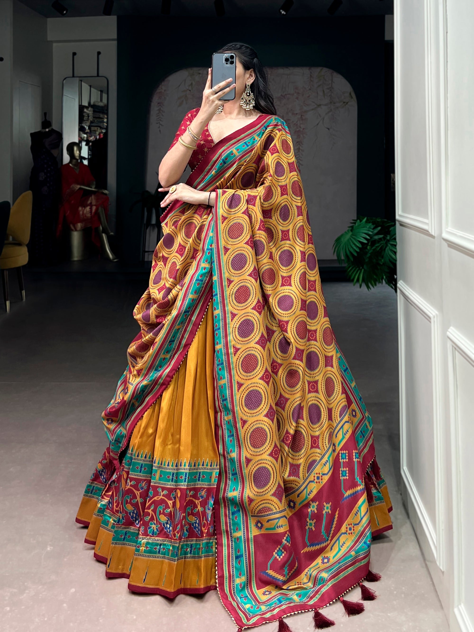 Lorenvalley Fashion Mustard Tasar SilkPrinted with Iconic Sparkle Lehenga Choli with Dupatta | Grocsy