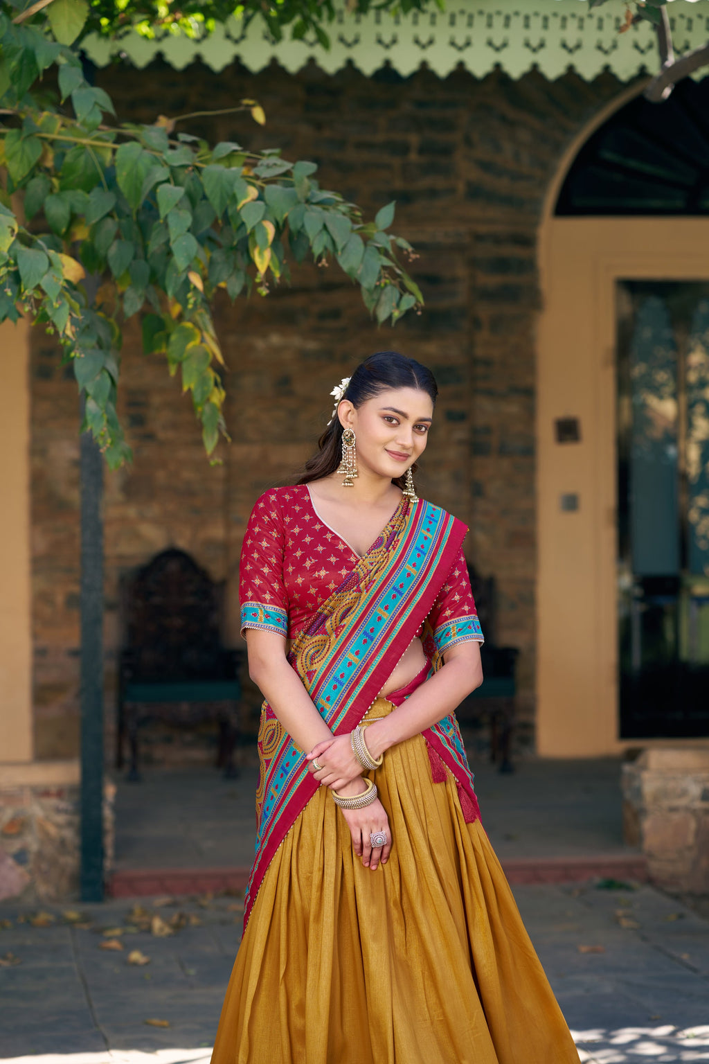 Lorenvalley Fashion Mustard Tasar Silkprinted With Iconic Sparkle Lehenga Choli With Dupatta | Grocsy
