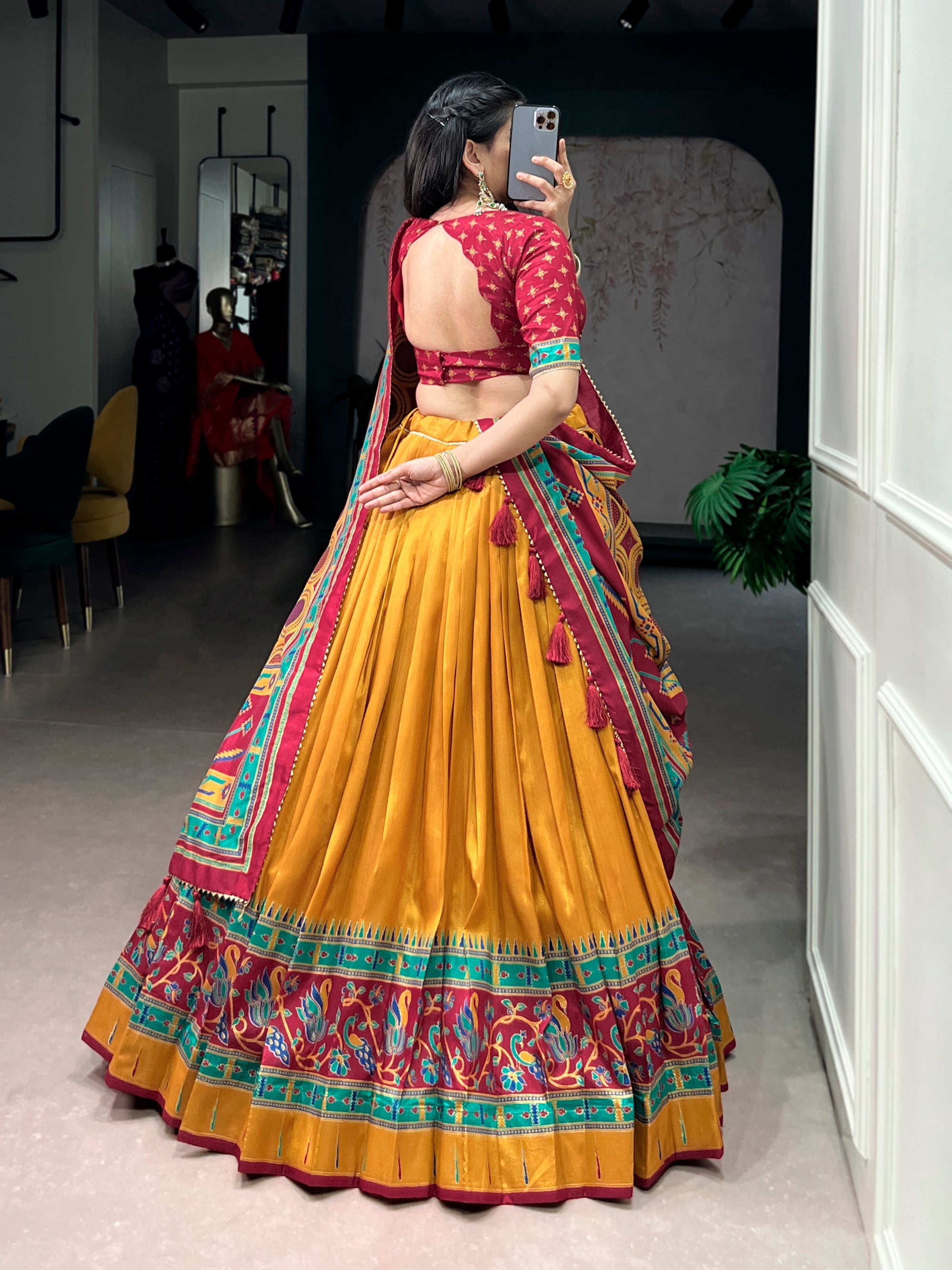 Lorenvalley Fashion Mustard Tasar SilkPrinted with Iconic Sparkle Lehenga Choli with Dupatta | Grocsy