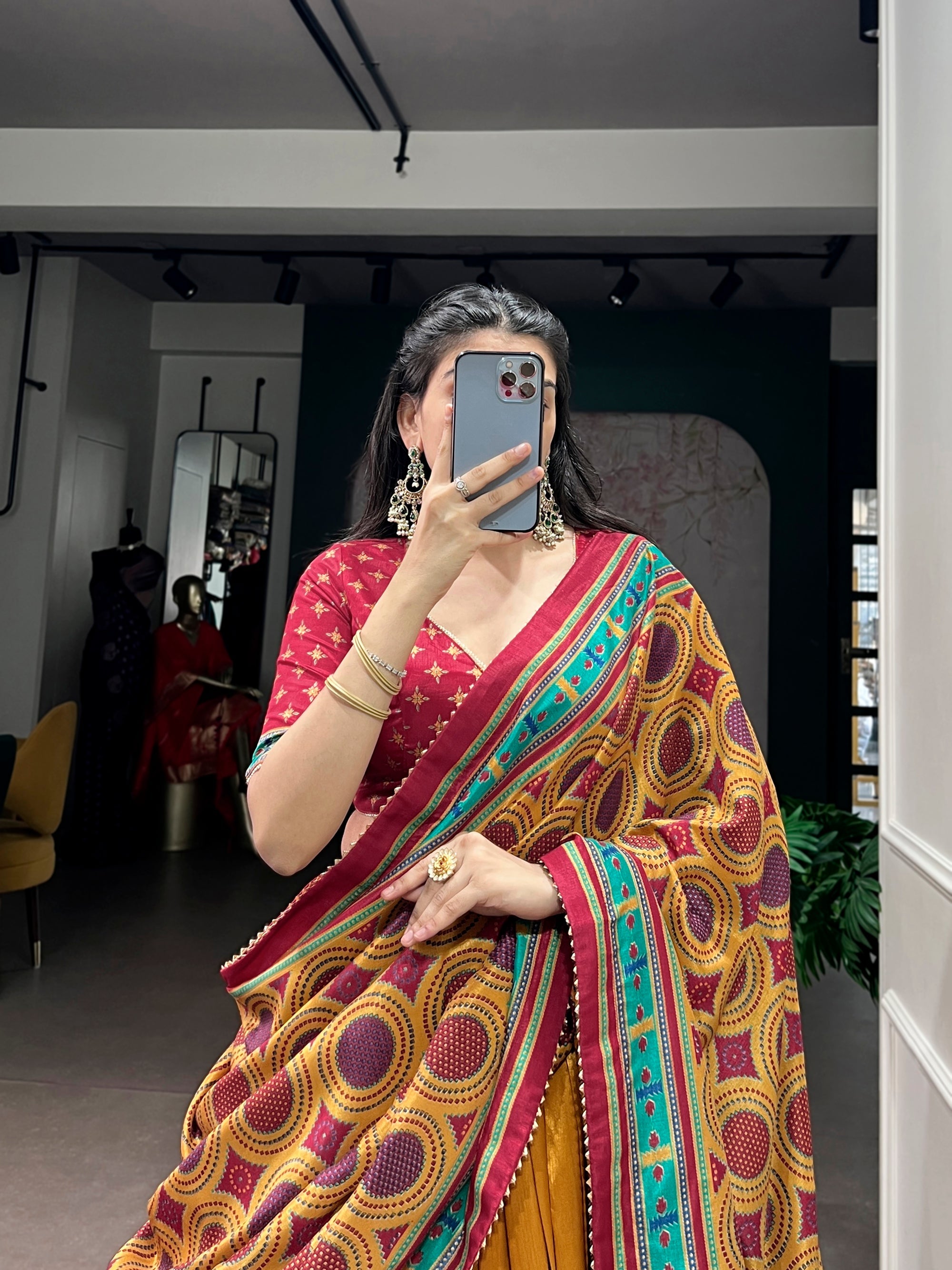 Lorenvalley Fashion Mustard Tasar SilkPrinted with Iconic Sparkle Lehenga Choli with Dupatta | Grocsy