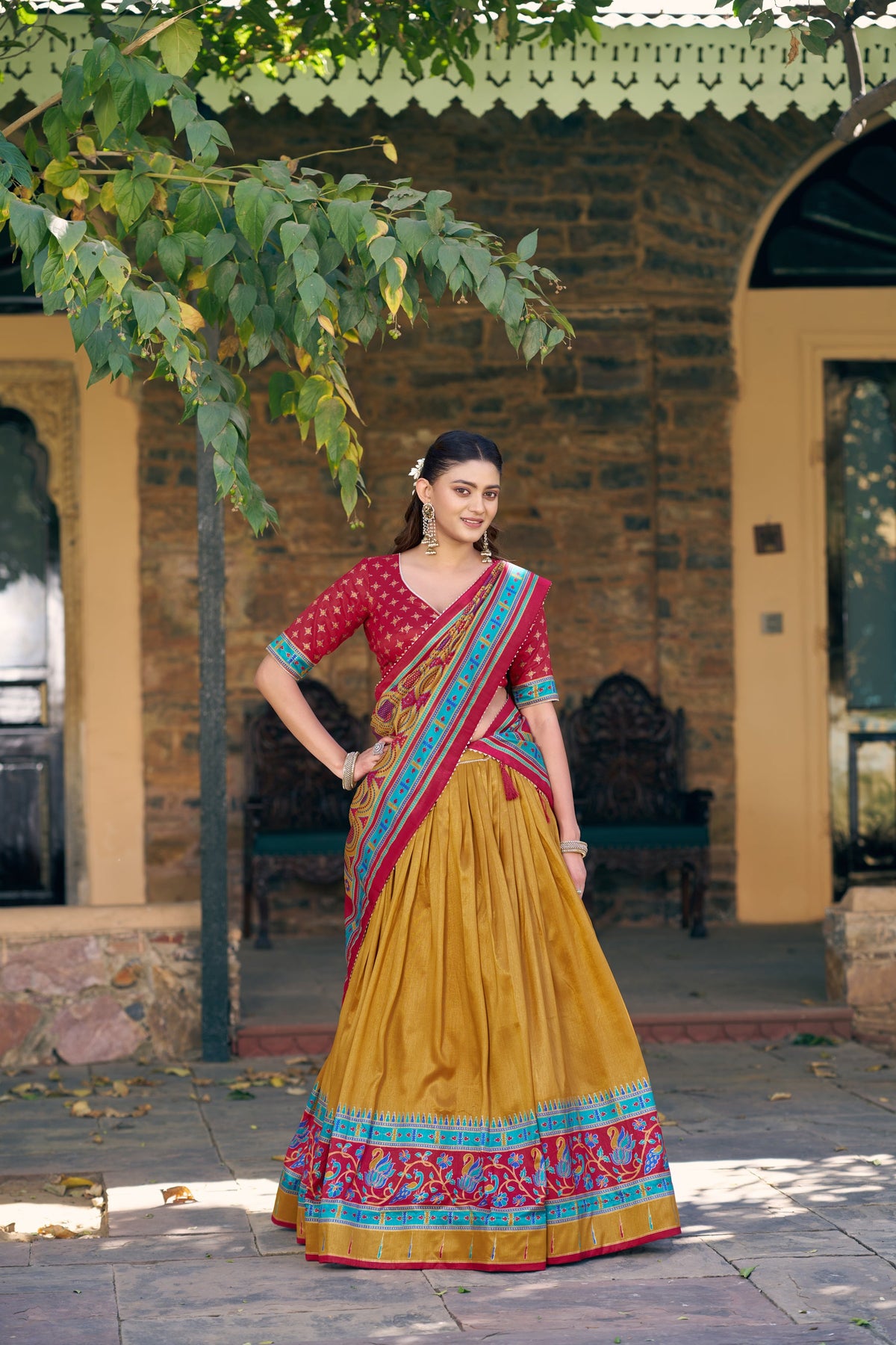 Lorenvalley Fashion Mustard Tasar Silkprinted With Iconic Sparkle Lehenga Choli With Dupatta | Grocsy