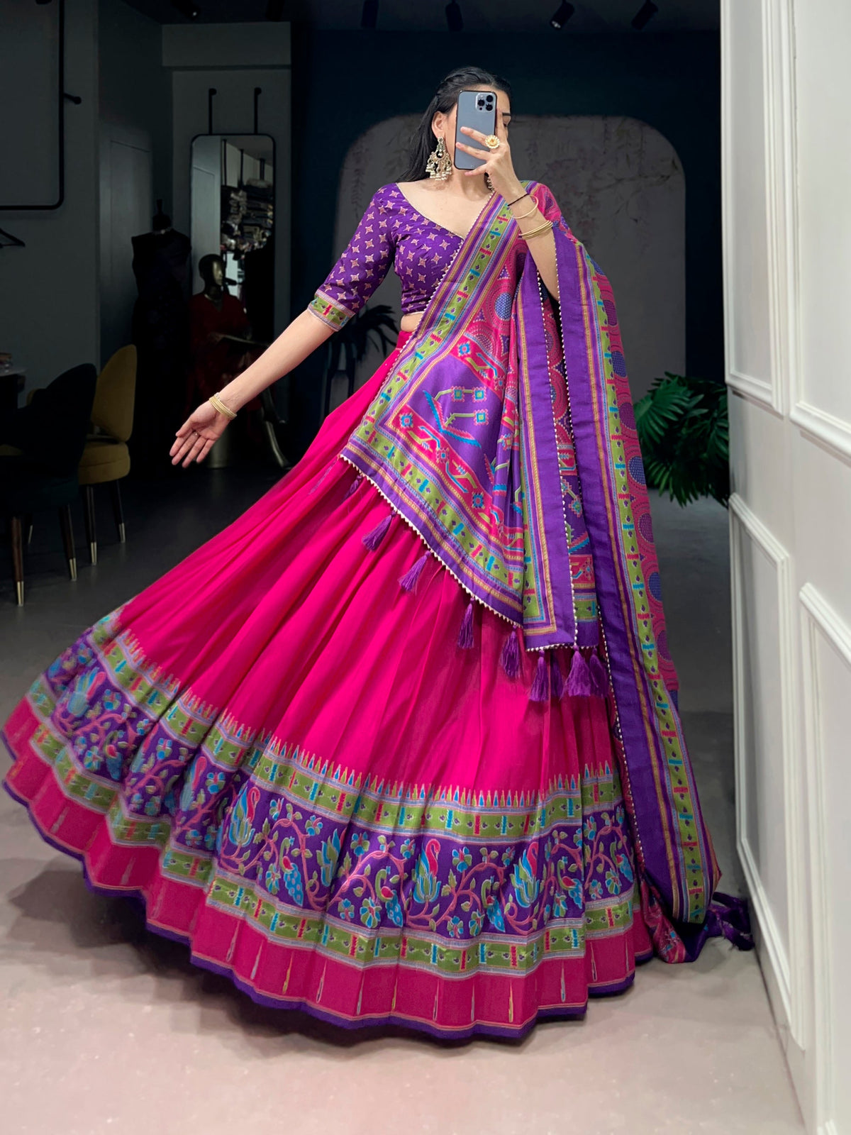Lorenvalley Fashion Pink Tasar SilkPrinted with Iconic Sparkle Lehenga Choli with Dupatta | Grocsy