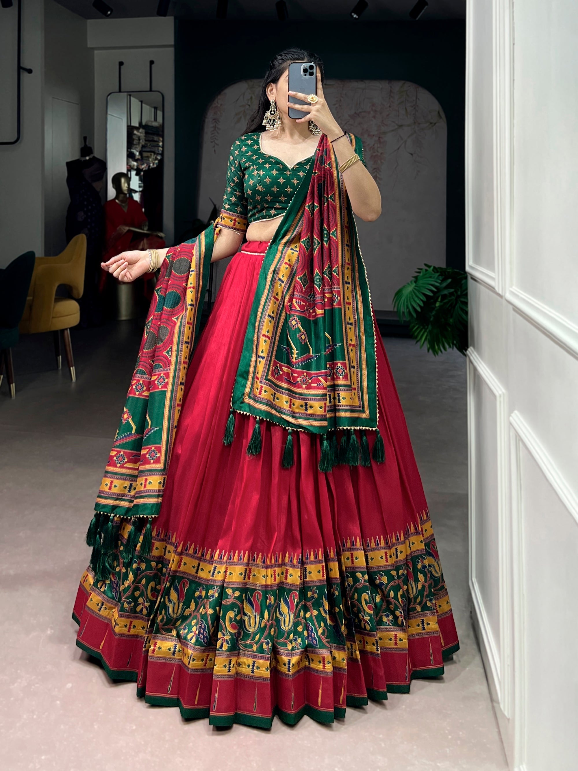 Lorenvalley Fashion Red Tasar SilkPrinted with Iconic Sparkle Lehenga Choli with Dupatta | Grocsy