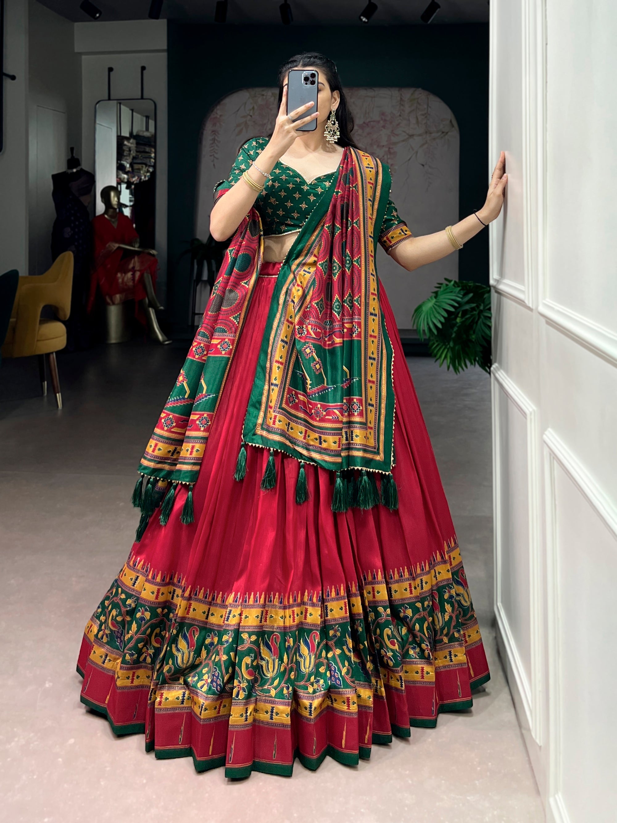 Lorenvalley Fashion Red Tasar SilkPrinted with Iconic Sparkle Lehenga Choli with Dupatta | Grocsy