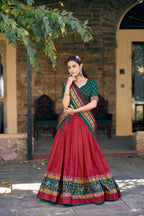 Lorenvalley Fashion Red Tasar Silkprinted With Iconic Sparkle Lehenga Choli With Dupatta | Grocsy