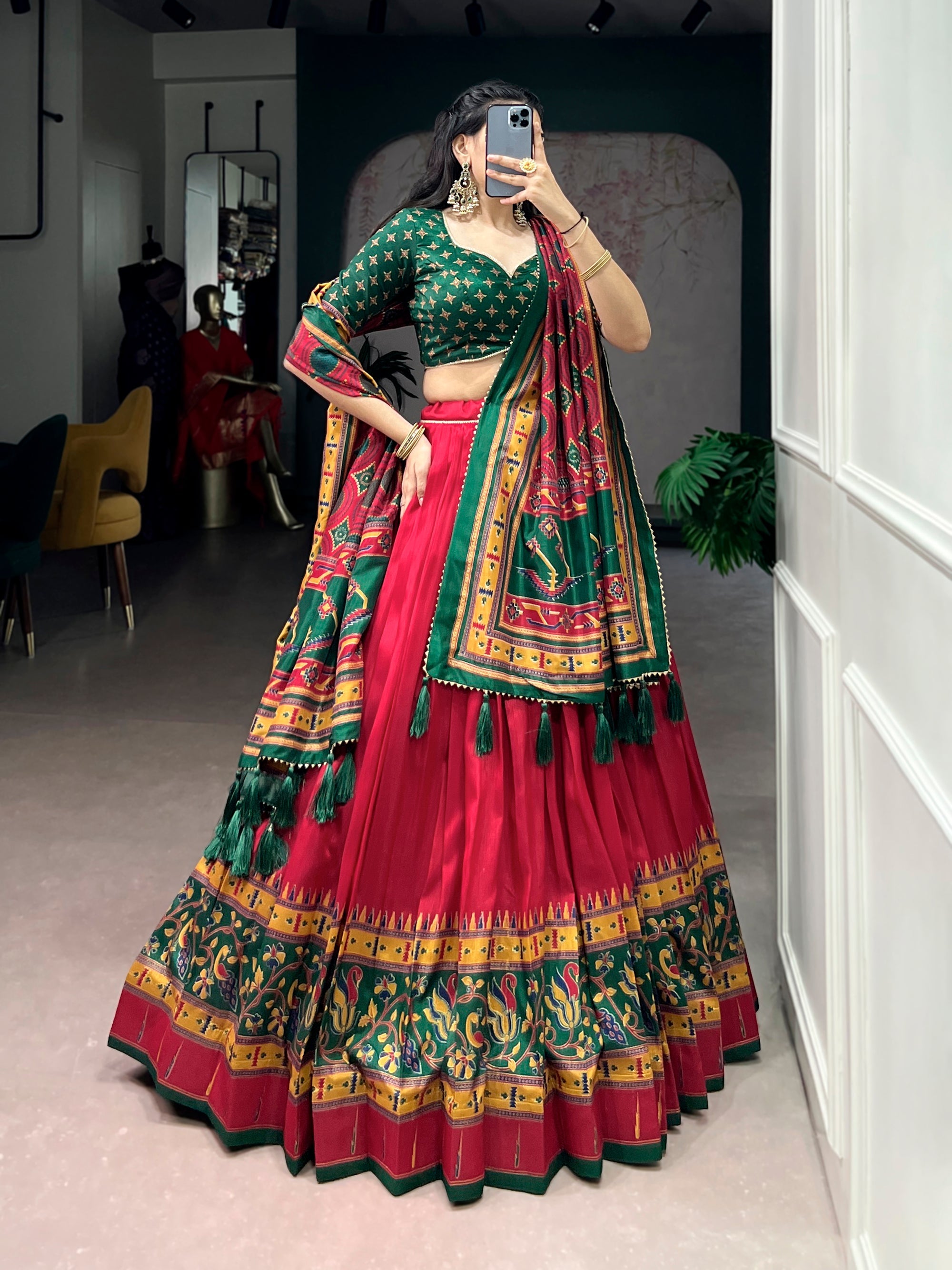 Lorenvalley Fashion Red Tasar SilkPrinted with Iconic Sparkle Lehenga Choli with Dupatta | Grocsy