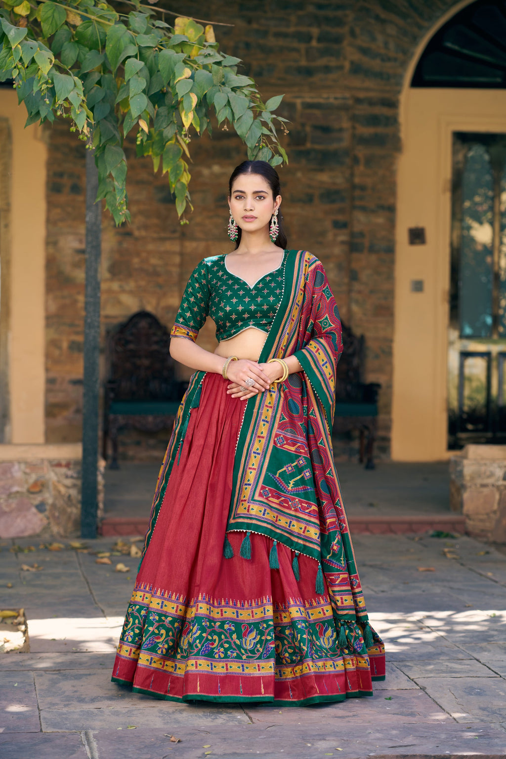 Lorenvalley Fashion Red Tasar Silkprinted With Iconic Sparkle Lehenga Choli With Dupatta | Grocsy