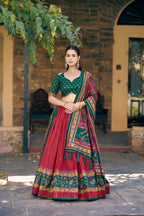 Lorenvalley Fashion Red Tasar Silkprinted With Iconic Sparkle Lehenga Choli With Dupatta | Grocsy