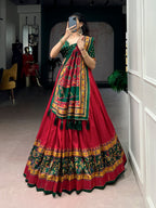 Lorenvalley Fashion Red Tasar SilkPrinted with Iconic Sparkle Lehenga Choli with Dupatta | Grocsy