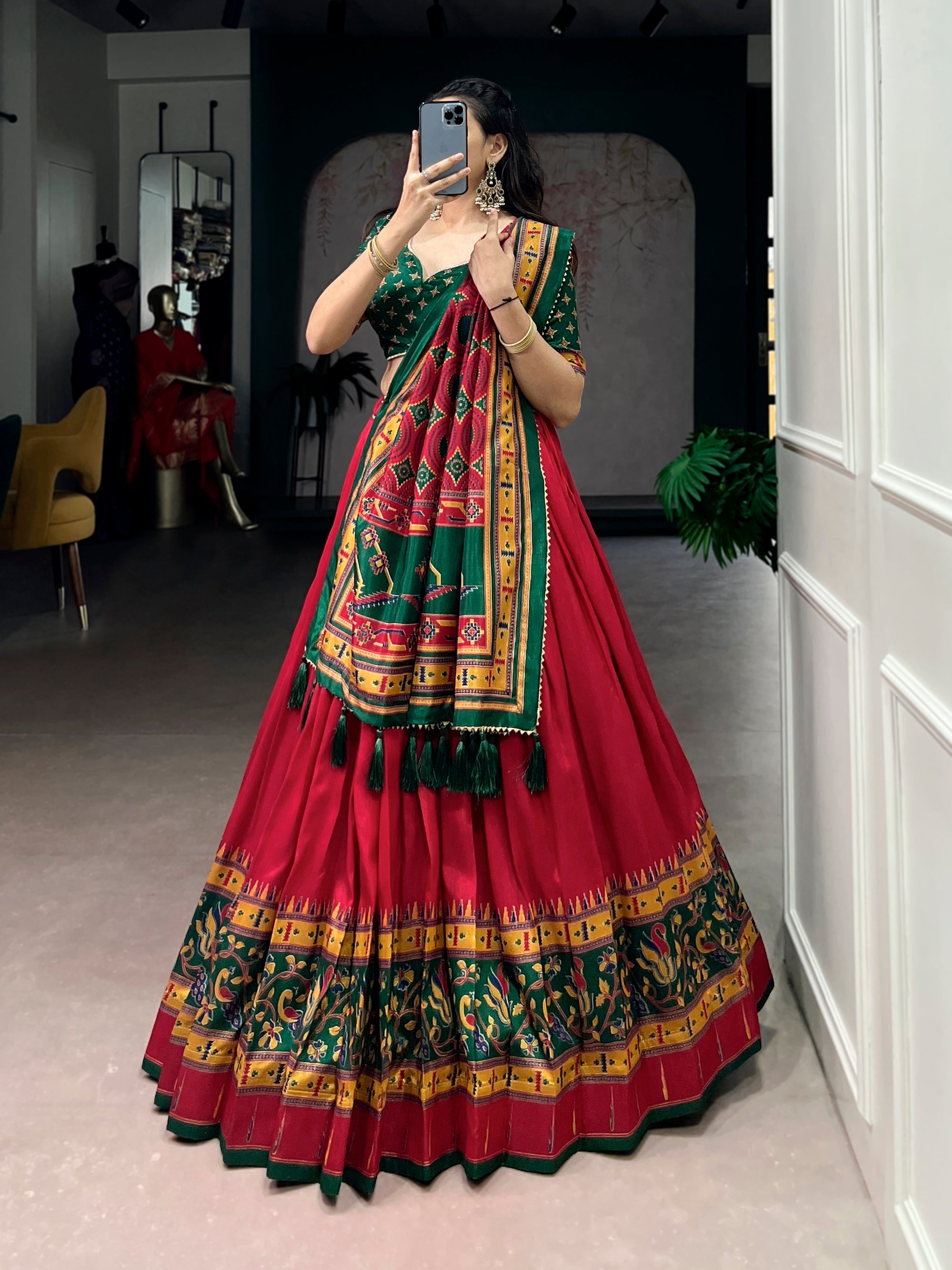 Lorenvalley Fashion Red Tasar SilkPrinted with Iconic Sparkle Lehenga Choli with Dupatta | Grocsy