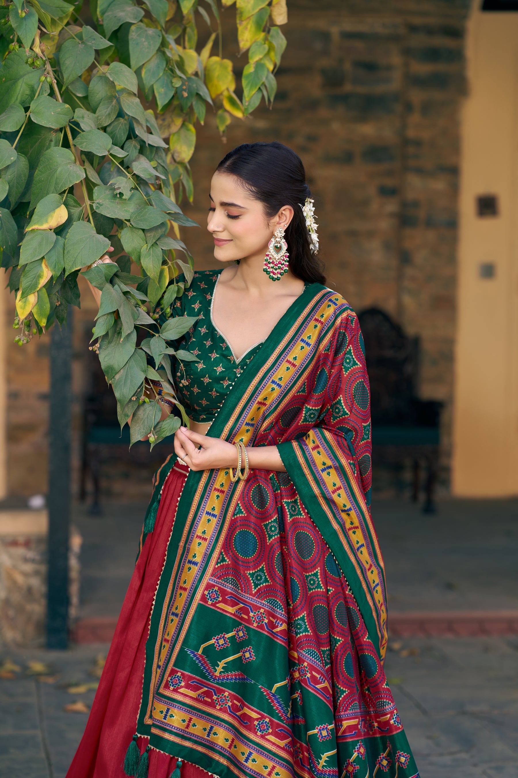 Lorenvalley Fashion Red Tasar Silkprinted With Iconic Sparkle Lehenga Choli With Dupatta | Grocsy