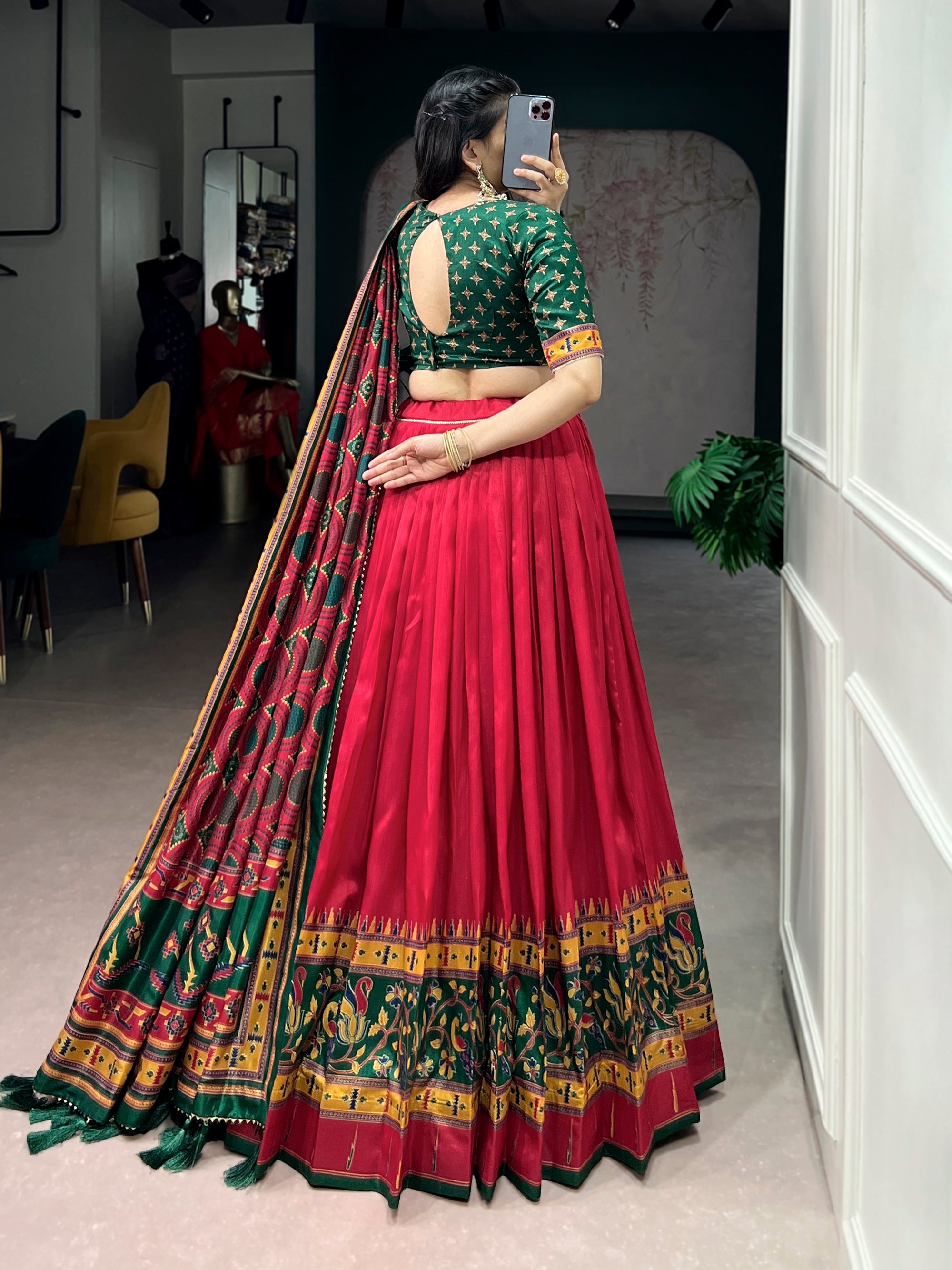 Lorenvalley Fashion Red Tasar SilkPrinted with Iconic Sparkle Lehenga Choli with Dupatta | Grocsy