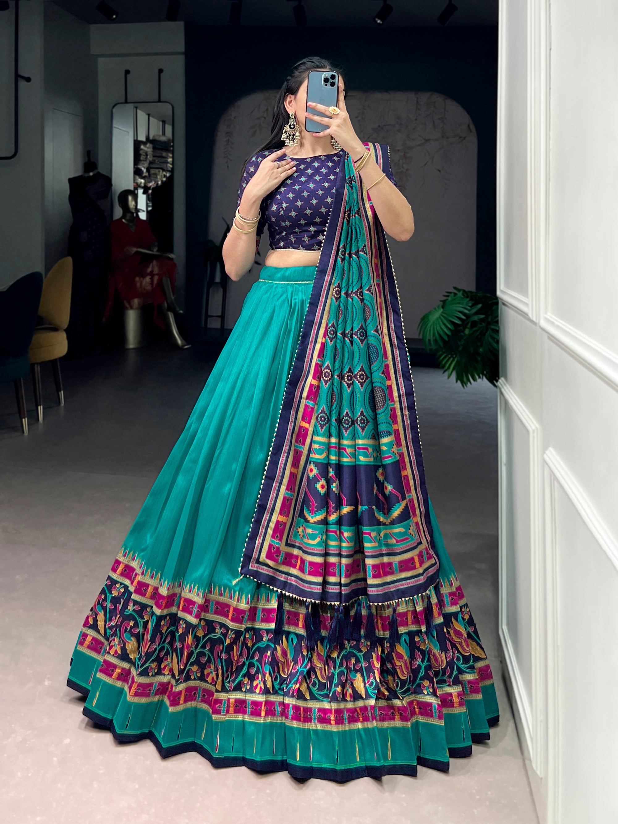 Lorenvalley Fashion Skyblue Tasar SilkPrinted with Iconic Sparkle Lehenga Choli with Dupatta | Grocsy