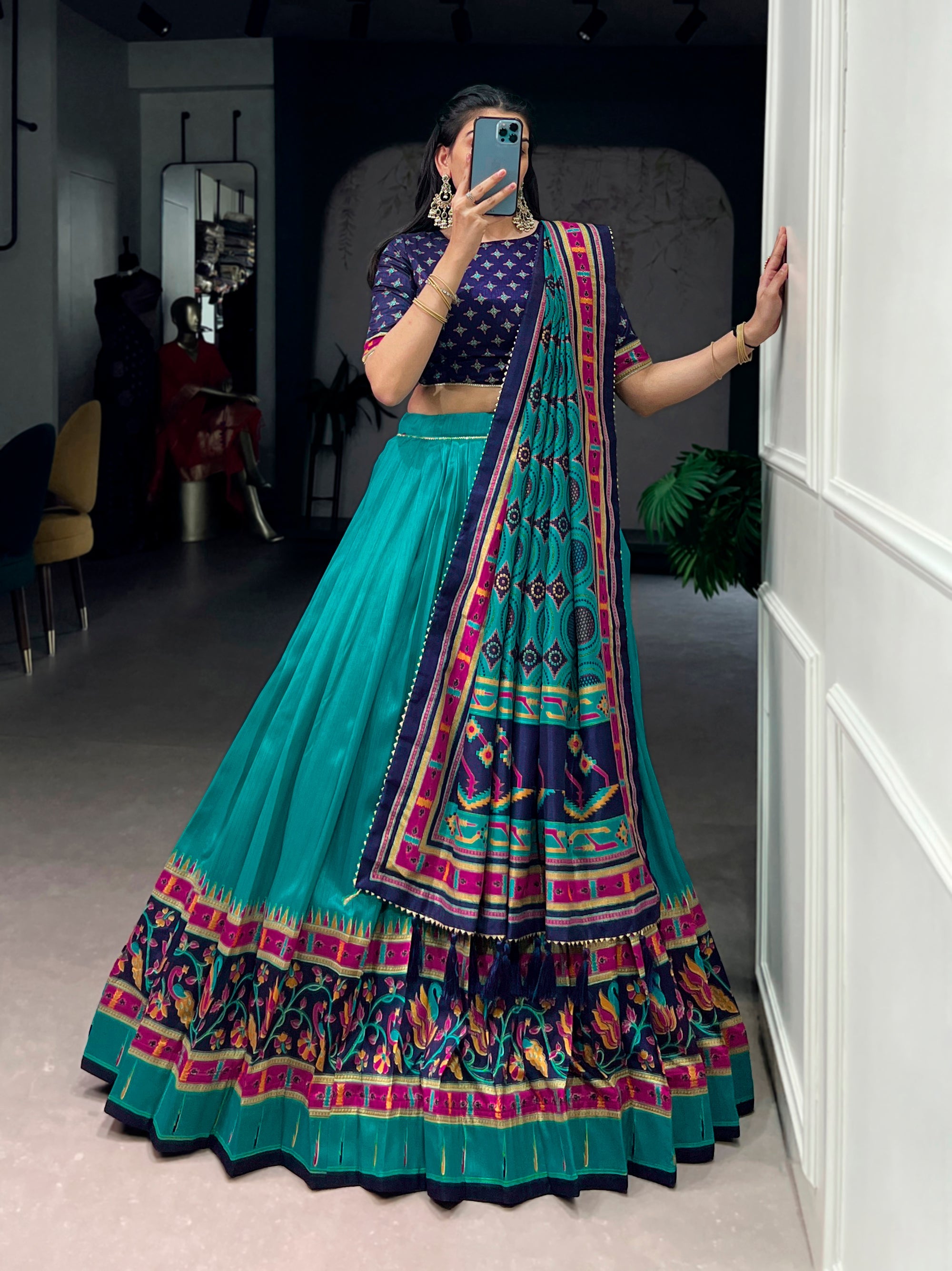 Lorenvalley Fashion Skyblue Tasar SilkPrinted with Iconic Sparkle Lehenga Choli with Dupatta | Grocsy