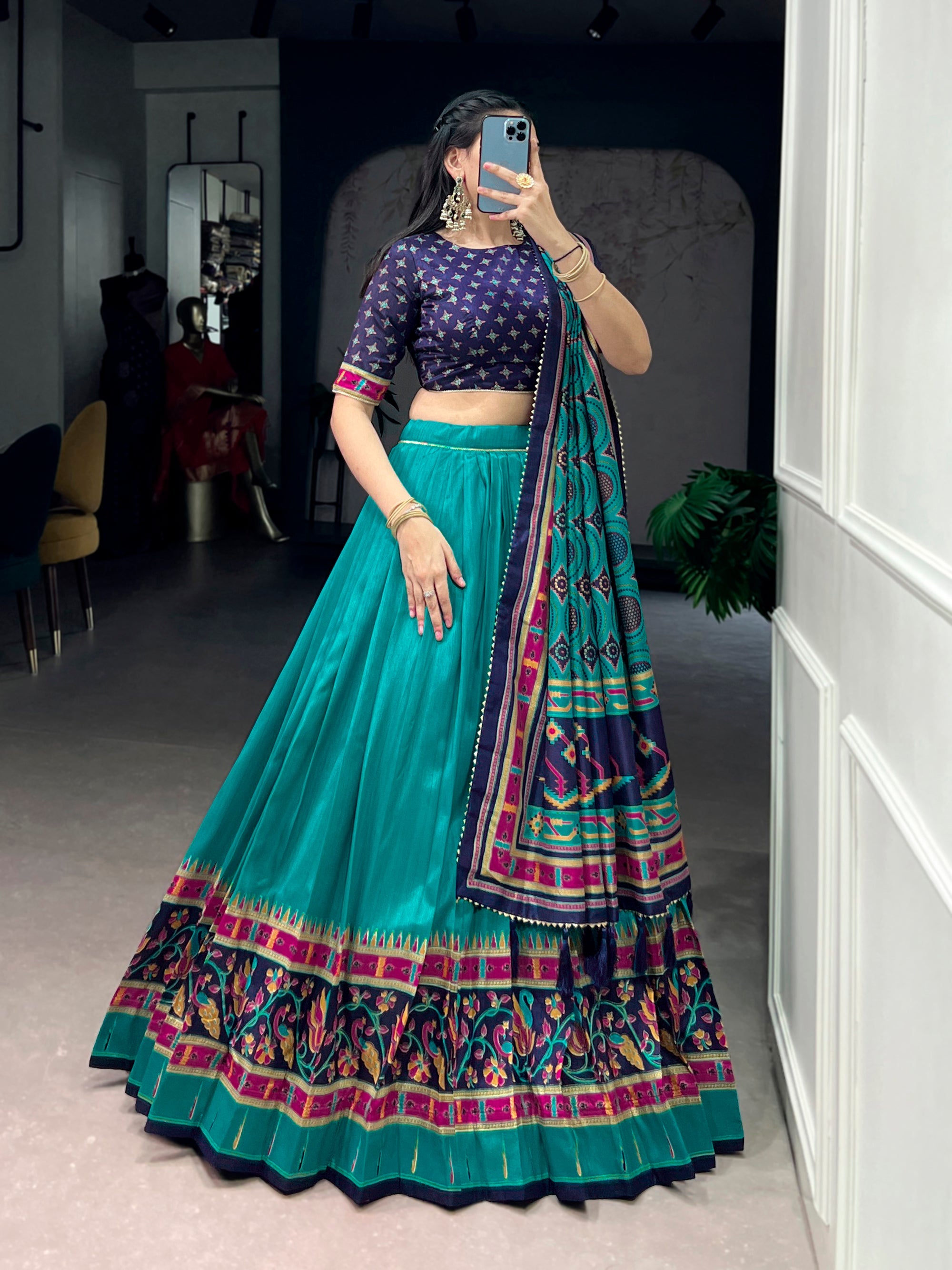 Lorenvalley Fashion Skyblue Tasar SilkPrinted with Iconic Sparkle Lehenga Choli with Dupatta | Grocsy