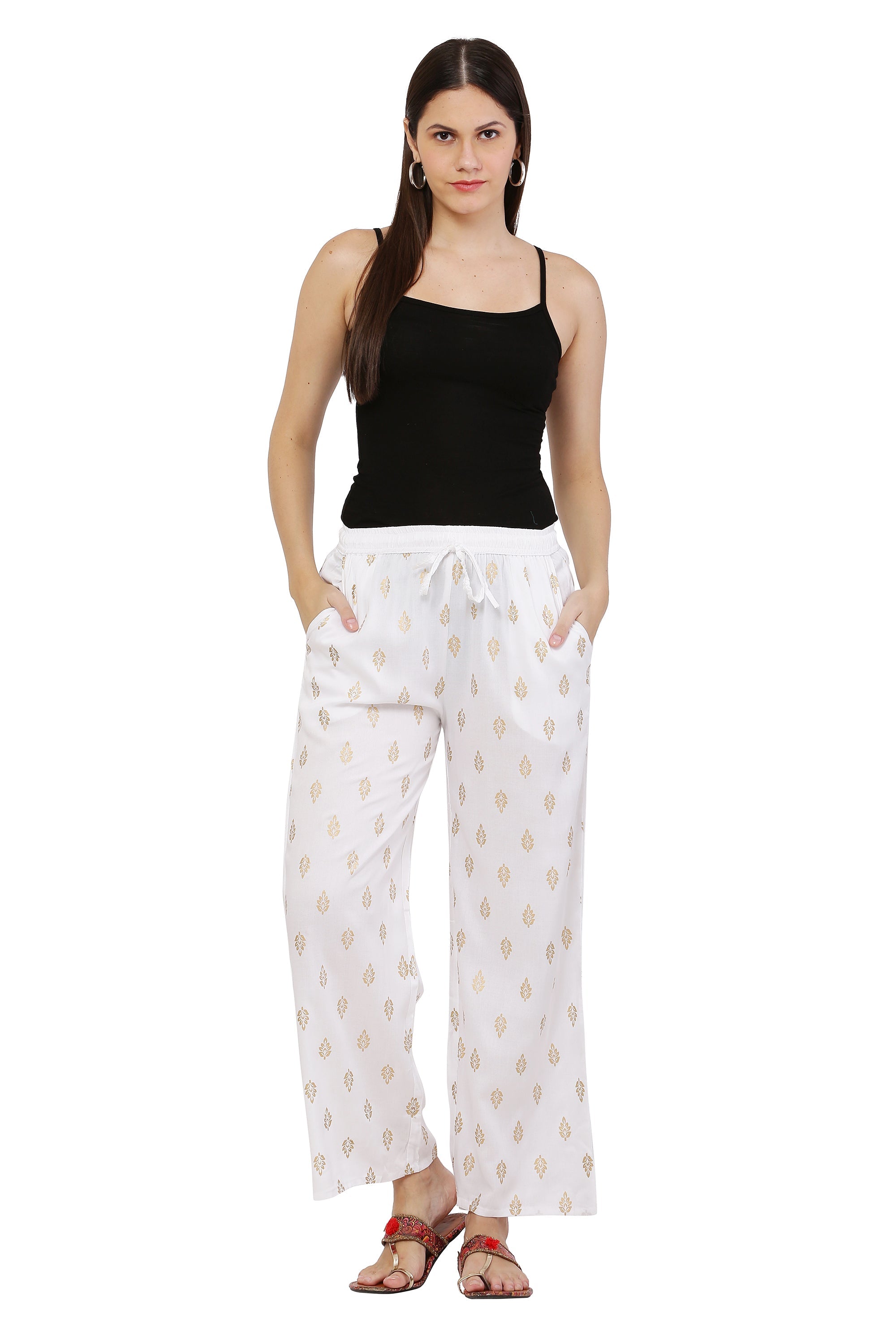 PAVONINE White Color Full Golden Leaf Print Palazzo For Women Pant | Grocsy