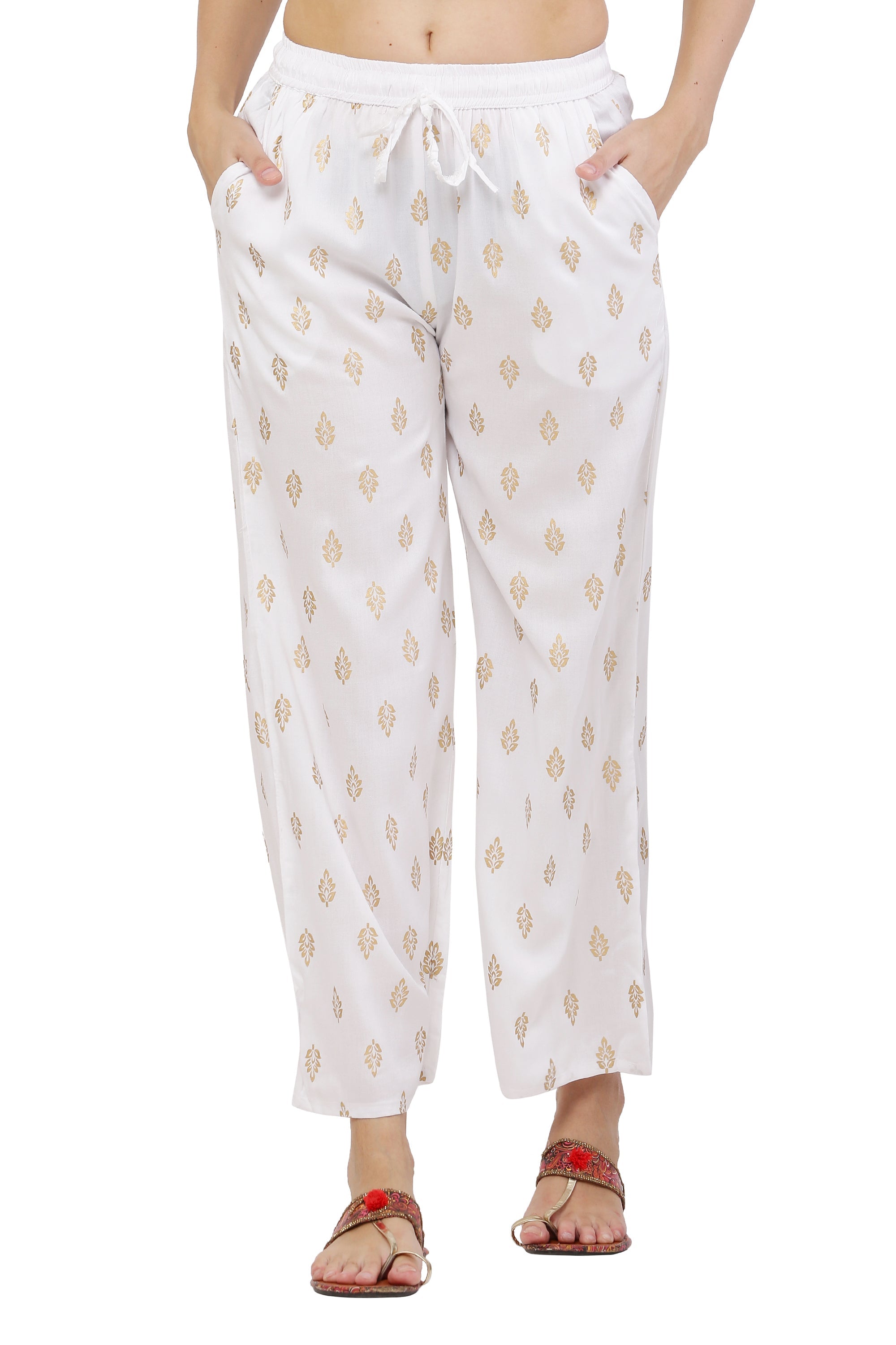 PAVONINE White Color Full Golden Leaf Print Palazzo For Women Pant | Grocsy