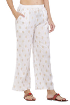 PAVONINE White Color Full Golden Leaf Print Palazzo For Women Pant | Grocsy