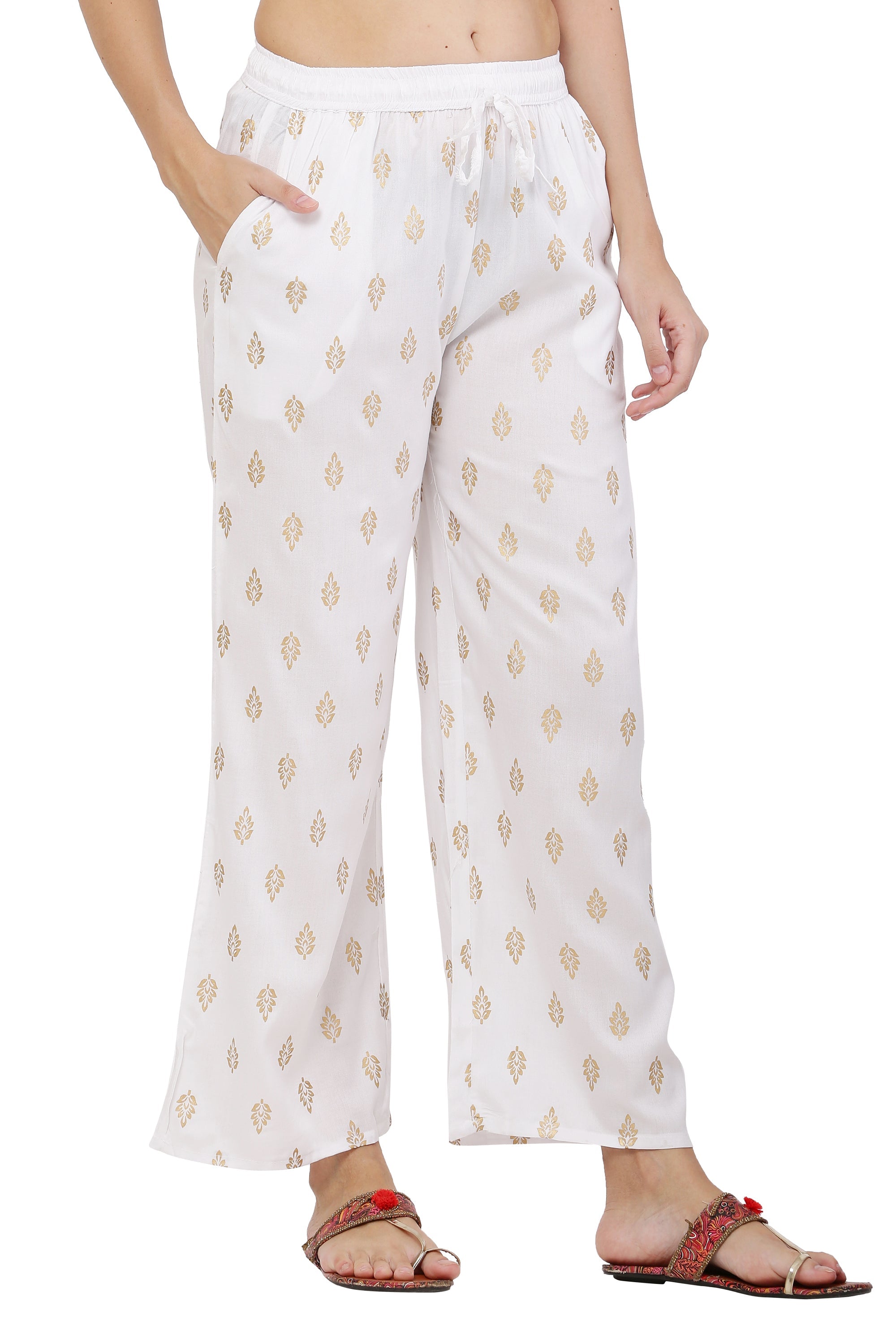 PAVONINE White Color Full Golden Leaf Print Palazzo For Women Pant | Grocsy