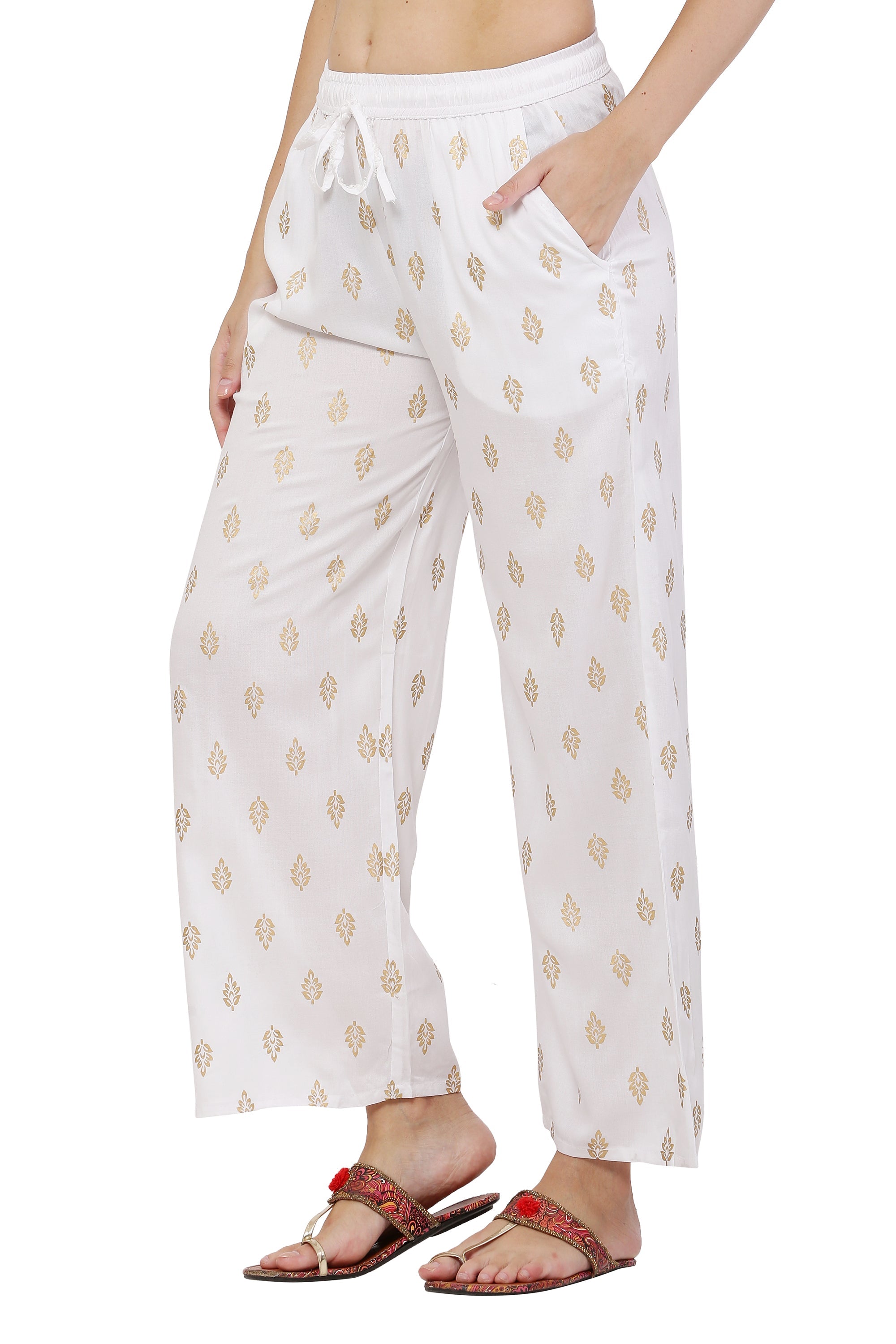 PAVONINE White Color Full Golden Leaf Print Palazzo For Women Pant | Grocsy
