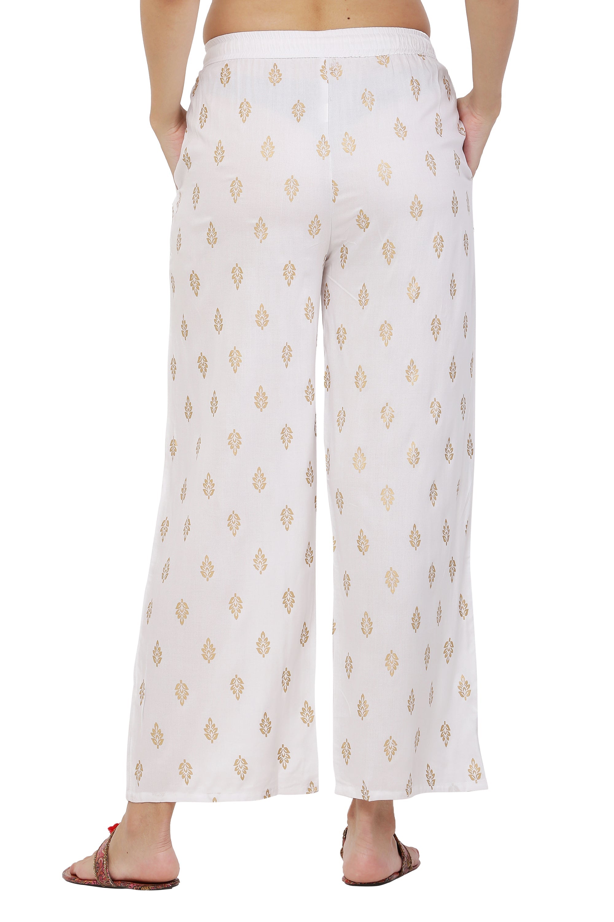 PAVONINE White Color Full Golden Leaf Print Palazzo For Women Pant | Grocsy