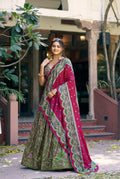 Lorenvalley Fashion Green Tasar Silk Gilded Motif Foil Printed Lehenga Choli with Dupatta | Grocsy