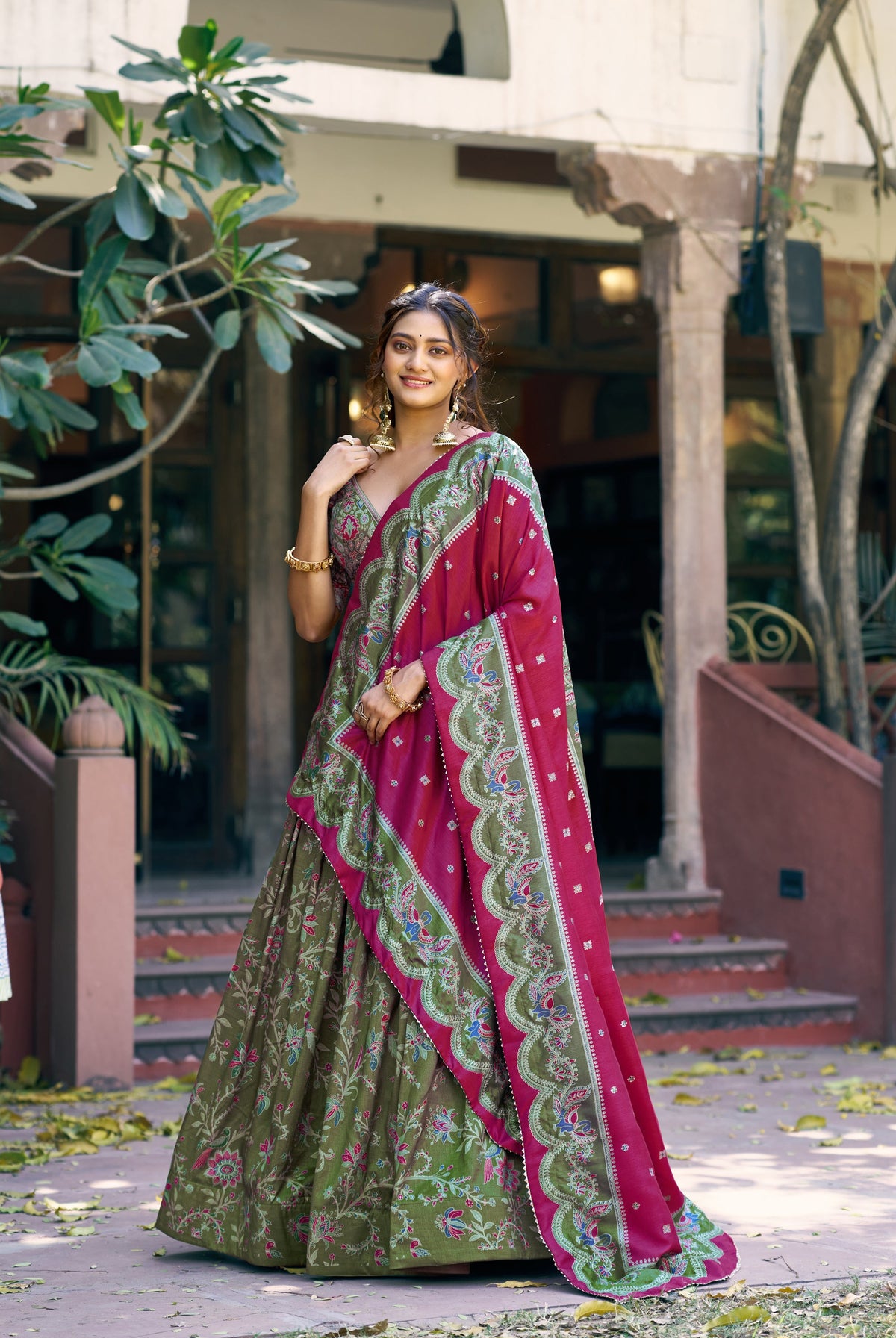 Lorenvalley Fashion Green Tasar Silk Gilded Motif Foil Printed Lehenga Choli with Dupatta | Grocsy