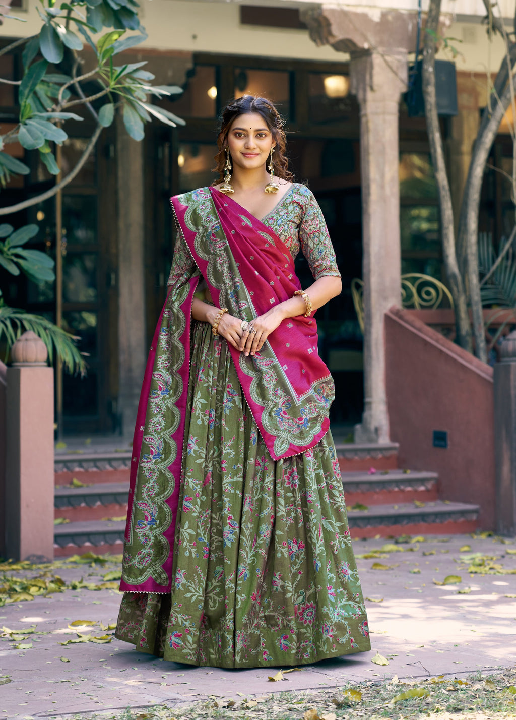 Lorenvalley Fashion Green Tasar Silk Gilded Motif Foil Printed Lehenga Choli with Dupatta | Grocsy
