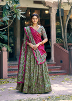 Lorenvalley Fashion Green Tasar Silk Gilded Motif Foil Printed Lehenga Choli with Dupatta | Grocsy