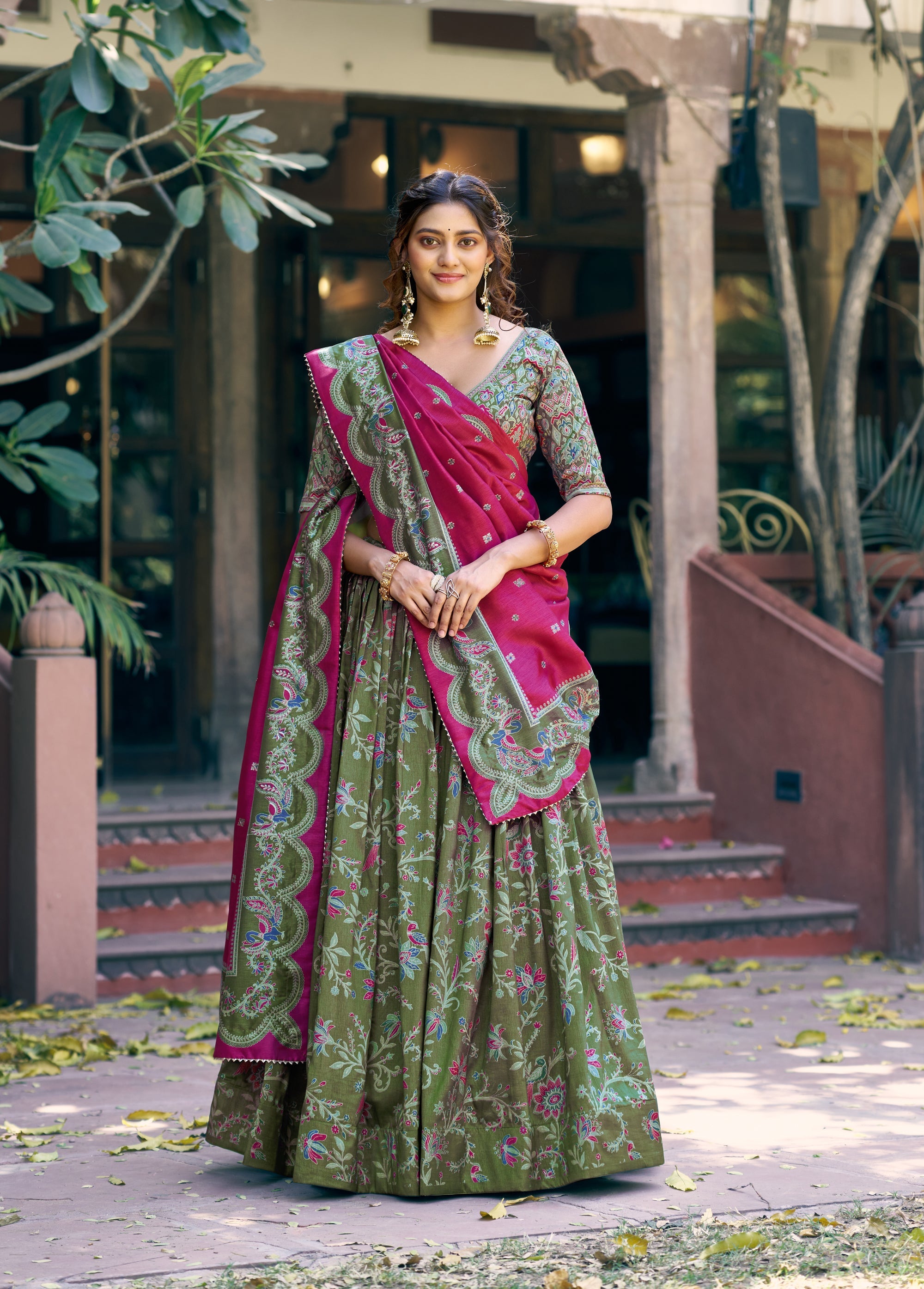 Lorenvalley Fashion Green Tasar Silk Gilded Motif Foil Printed Lehenga Choli with Dupatta | Grocsy