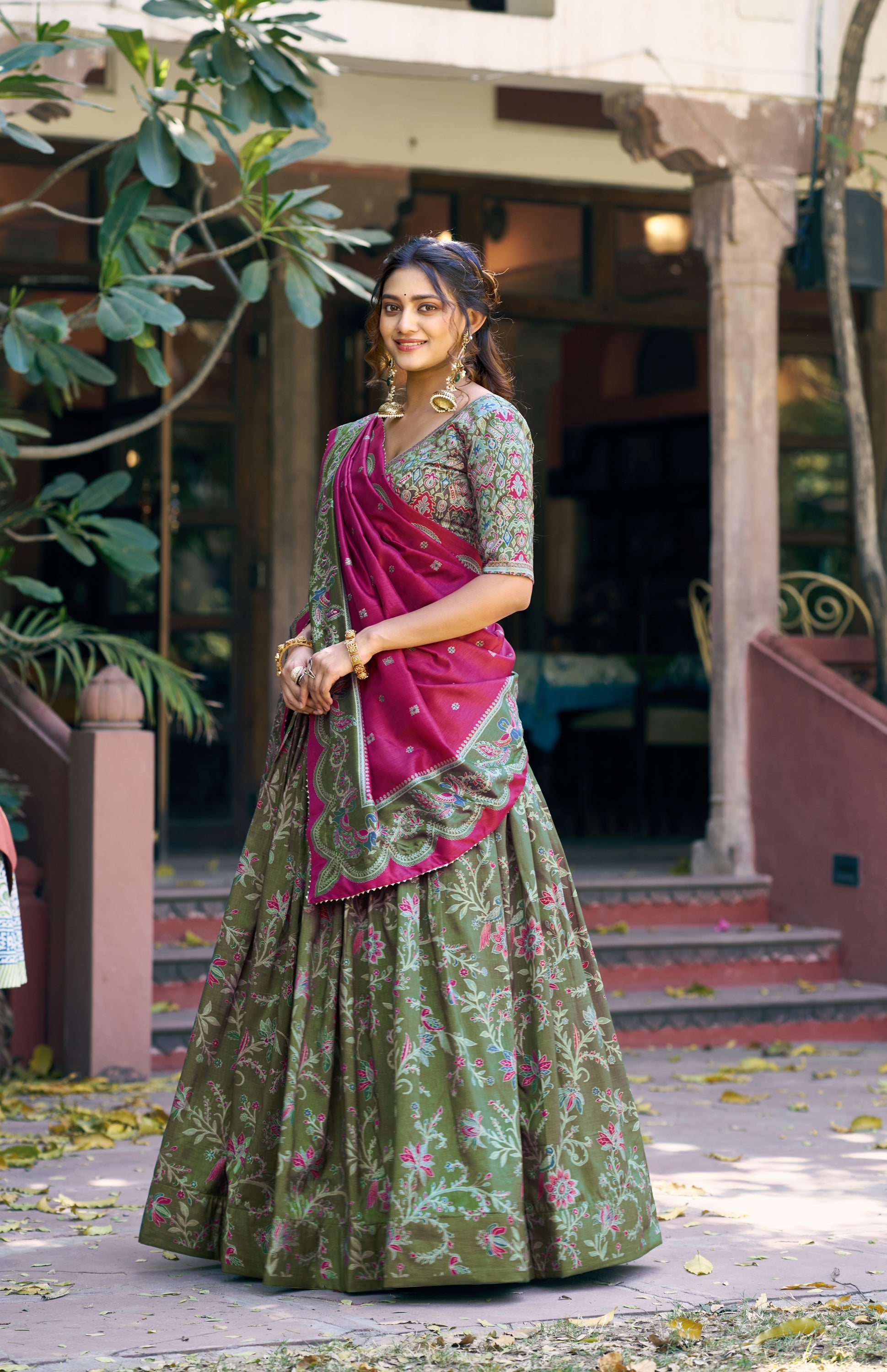 Lorenvalley Fashion Green Tasar Silk Gilded Motif Foil Printed Lehenga Choli with Dupatta | Grocsy