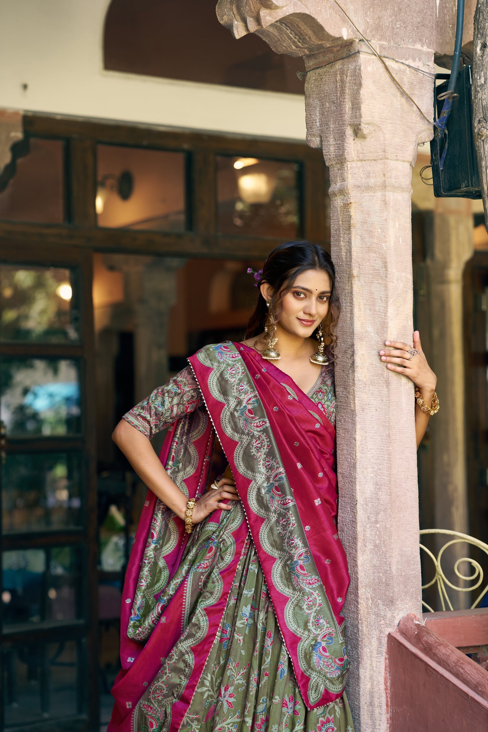 Lorenvalley Fashion Green Tasar Silk Gilded Motif Foil Printed Lehenga Choli with Dupatta | Grocsy
