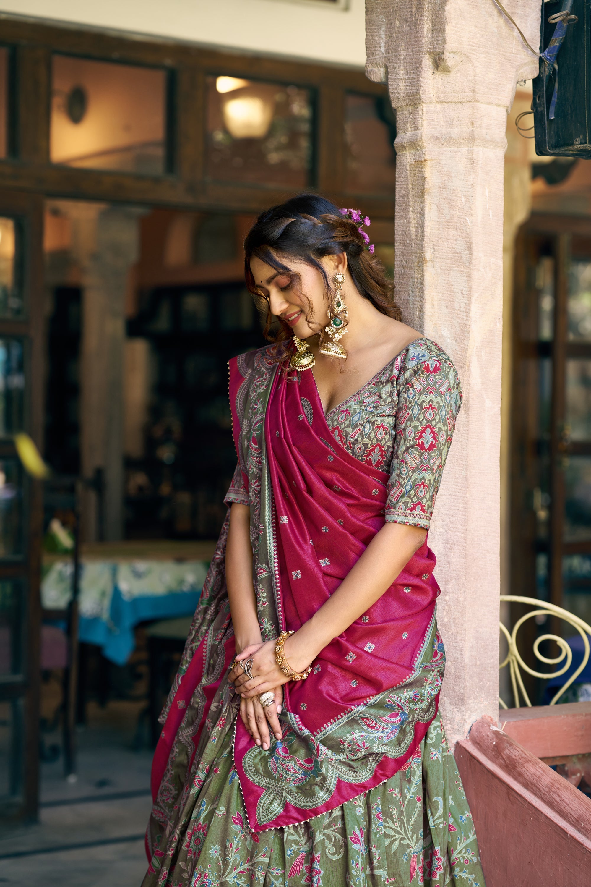 Lorenvalley Fashion Green Tasar Silk Gilded Motif Foil Printed Lehenga Choli with Dupatta | Grocsy