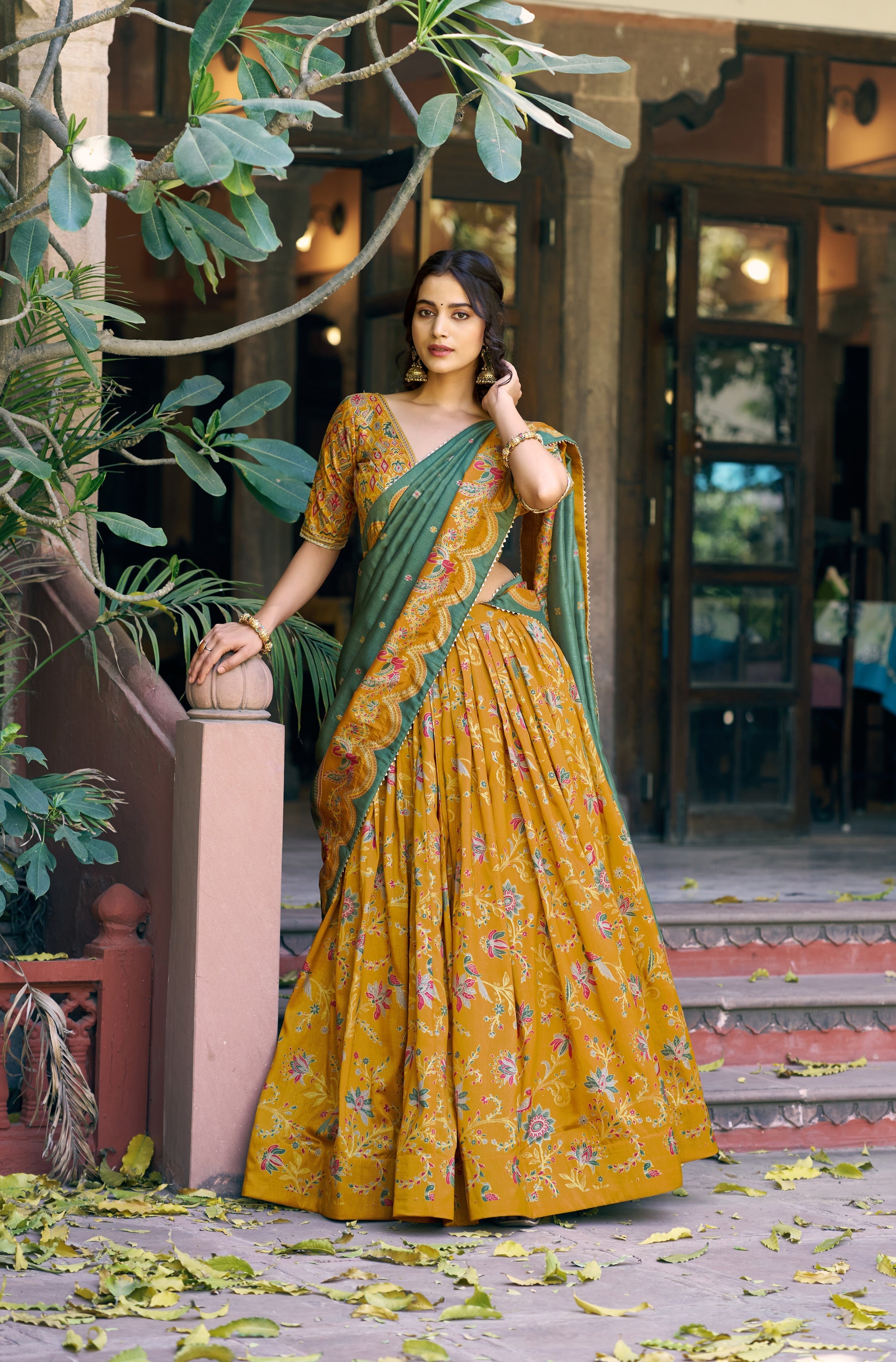 Lorenvalley Fashion Mustard Tasar Silk Gilded Motif Foil Printed Lehenga Choli with Dupatta | Grocsy