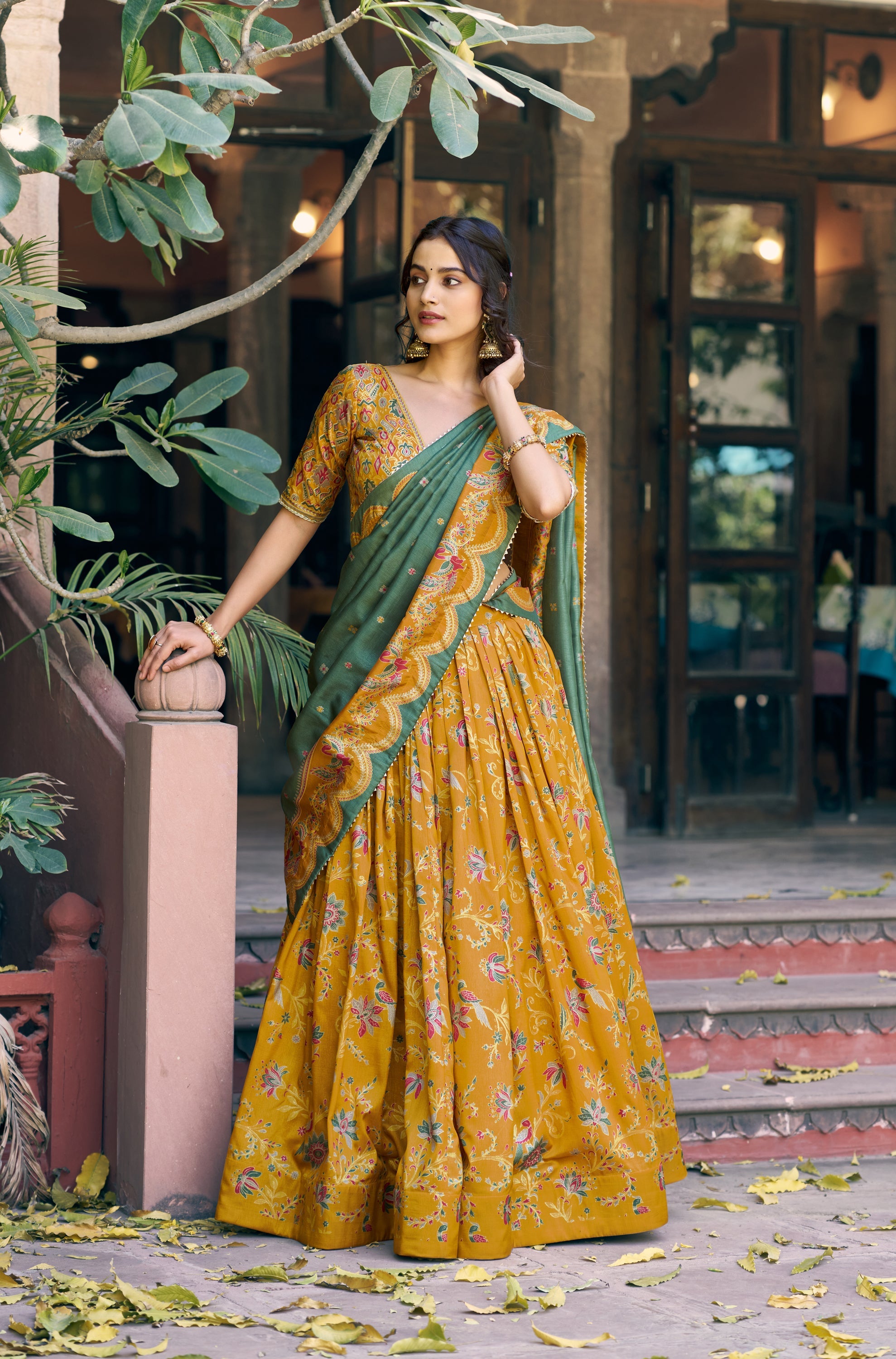 Lorenvalley Fashion Mustard Tasar Silk Gilded Motif Foil Printed Lehenga Choli with Dupatta | Grocsy