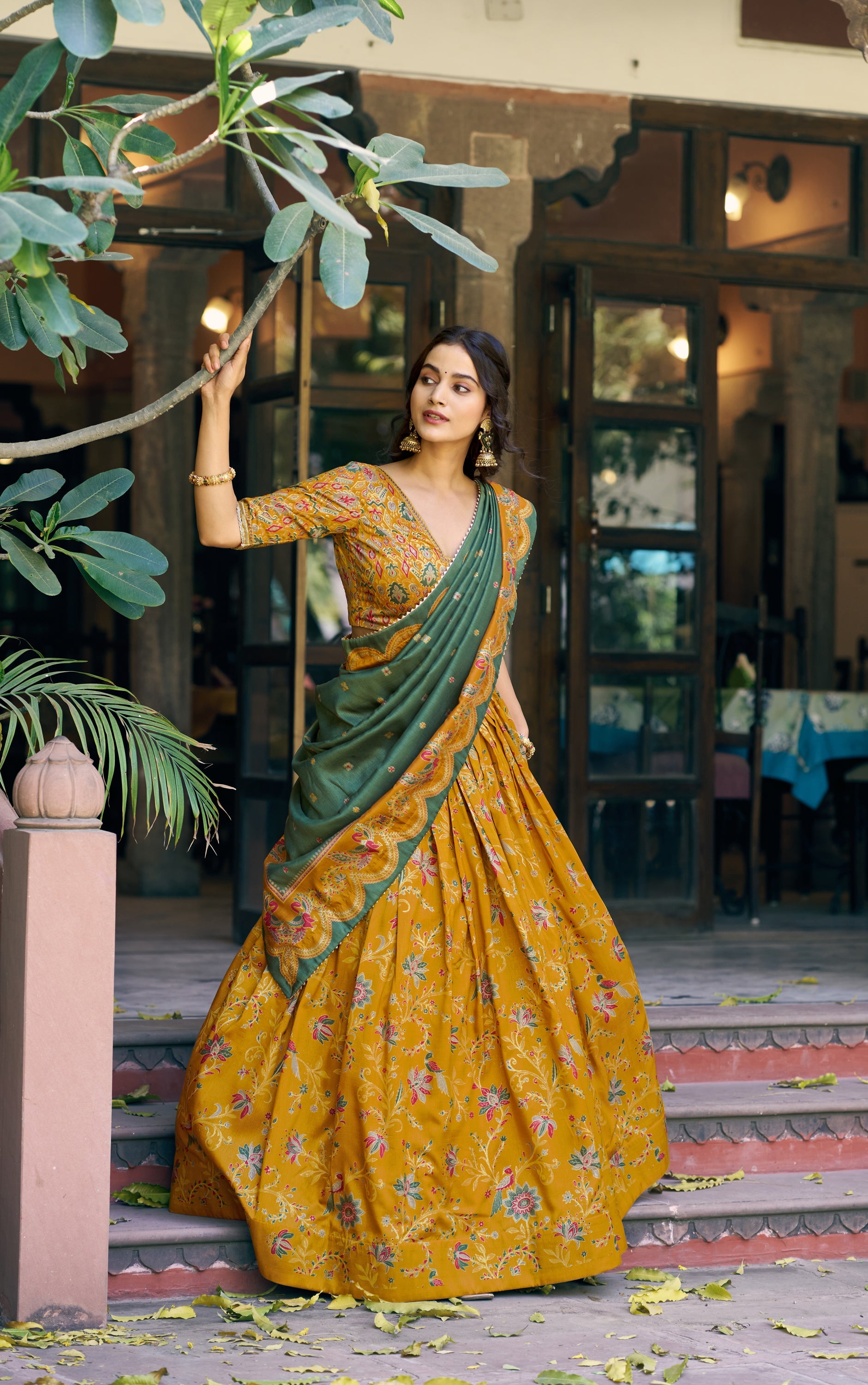Lorenvalley Fashion Mustard Tasar Silk Gilded Motif Foil Printed Lehenga Choli with Dupatta | Grocsy
