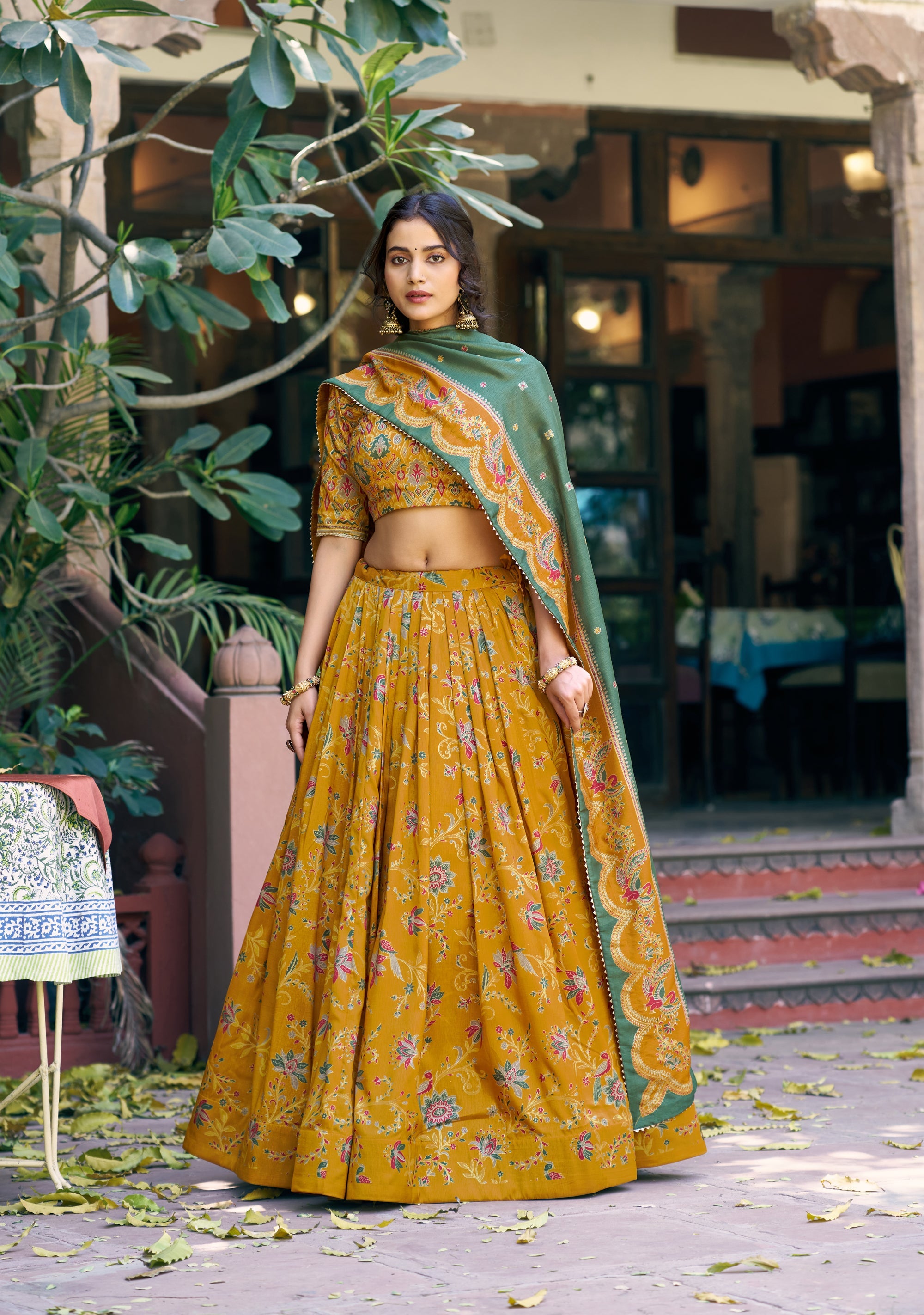 Lorenvalley Fashion Mustard Tasar Silk Gilded Motif Foil Printed Lehenga Choli with Dupatta | Grocsy