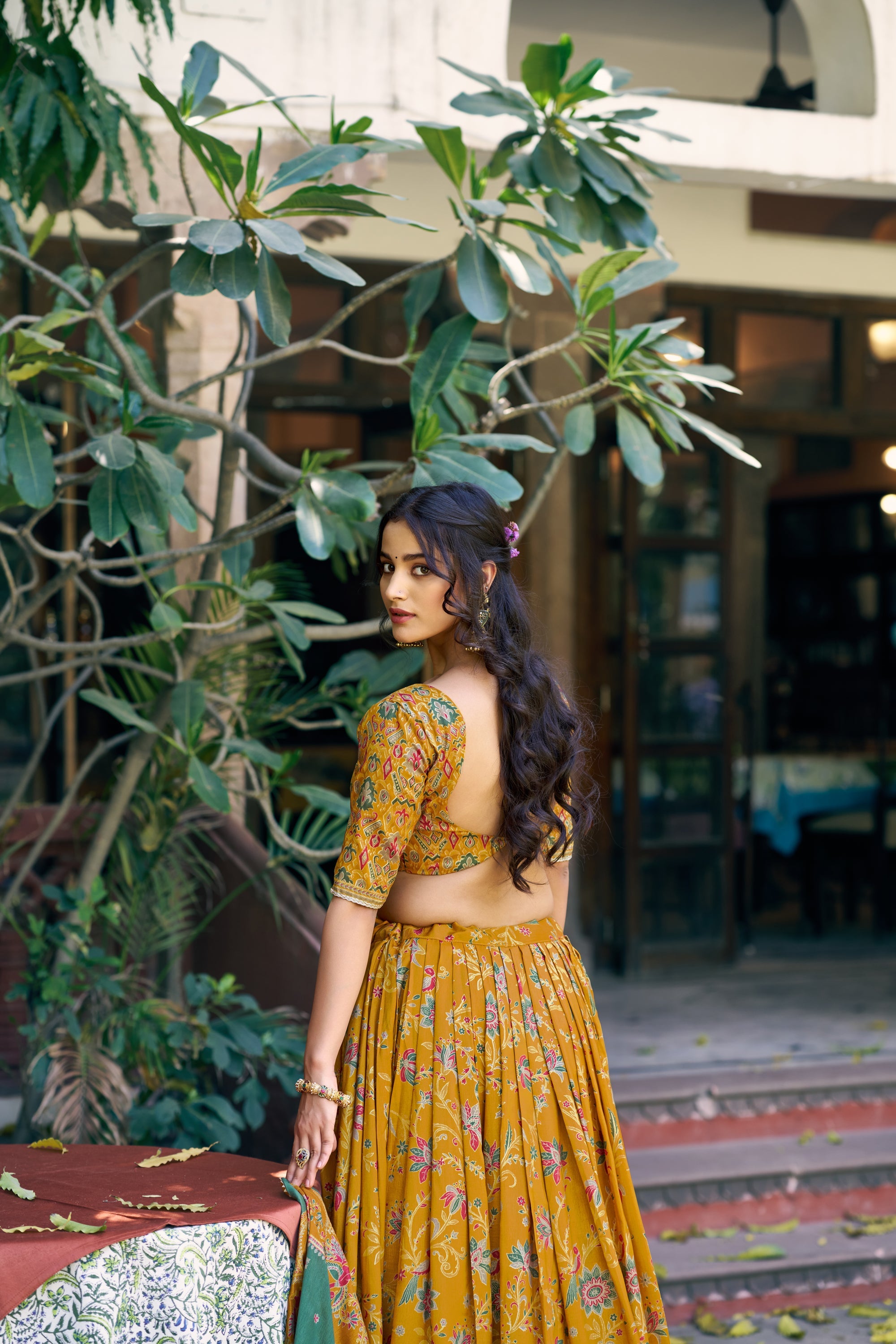 Lorenvalley Fashion Mustard Tasar Silk Gilded Motif Foil Printed Lehenga Choli with Dupatta | Grocsy